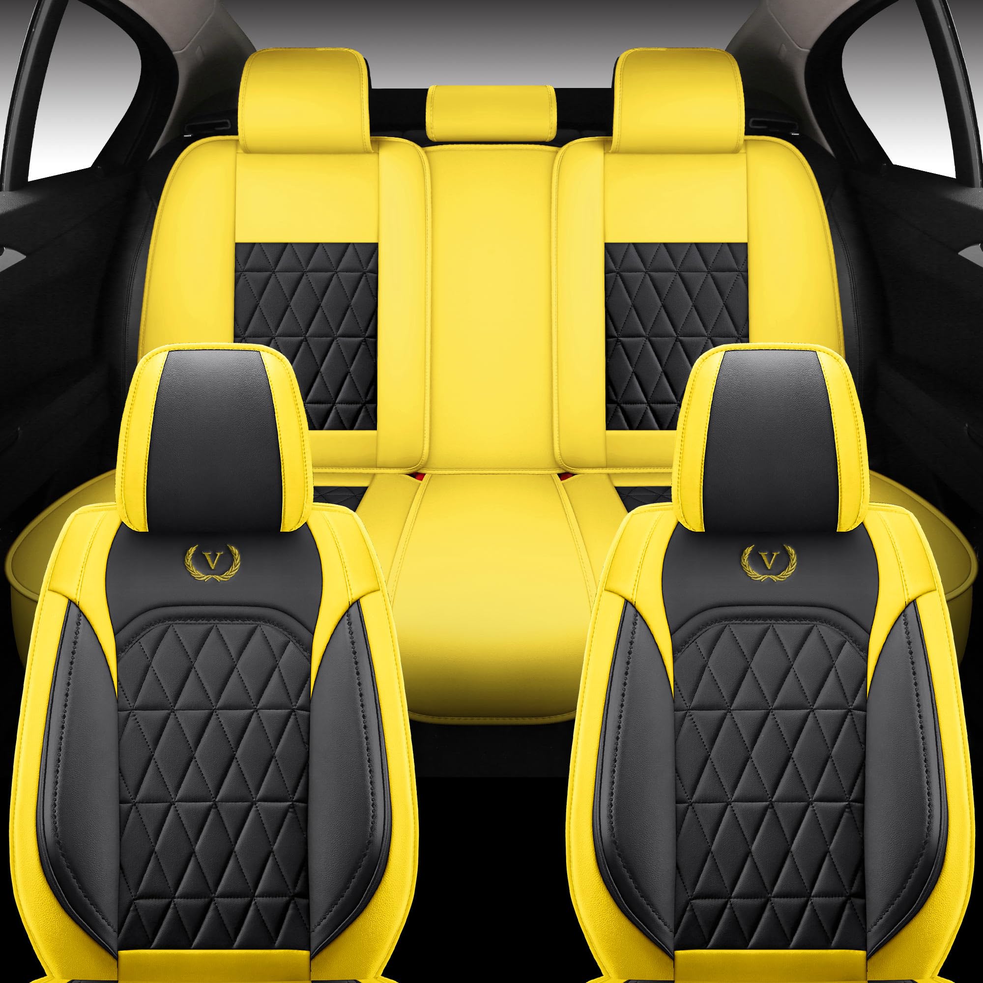 Premium YJZT01 Yellow & Black Leather Car Seat Covers - Waterproof Front & Rear Full Set for Cars, SUVs, Trucks | Universal Fit | Durable Protection for Daily Commute, Road Trips & Off-Road Adventures