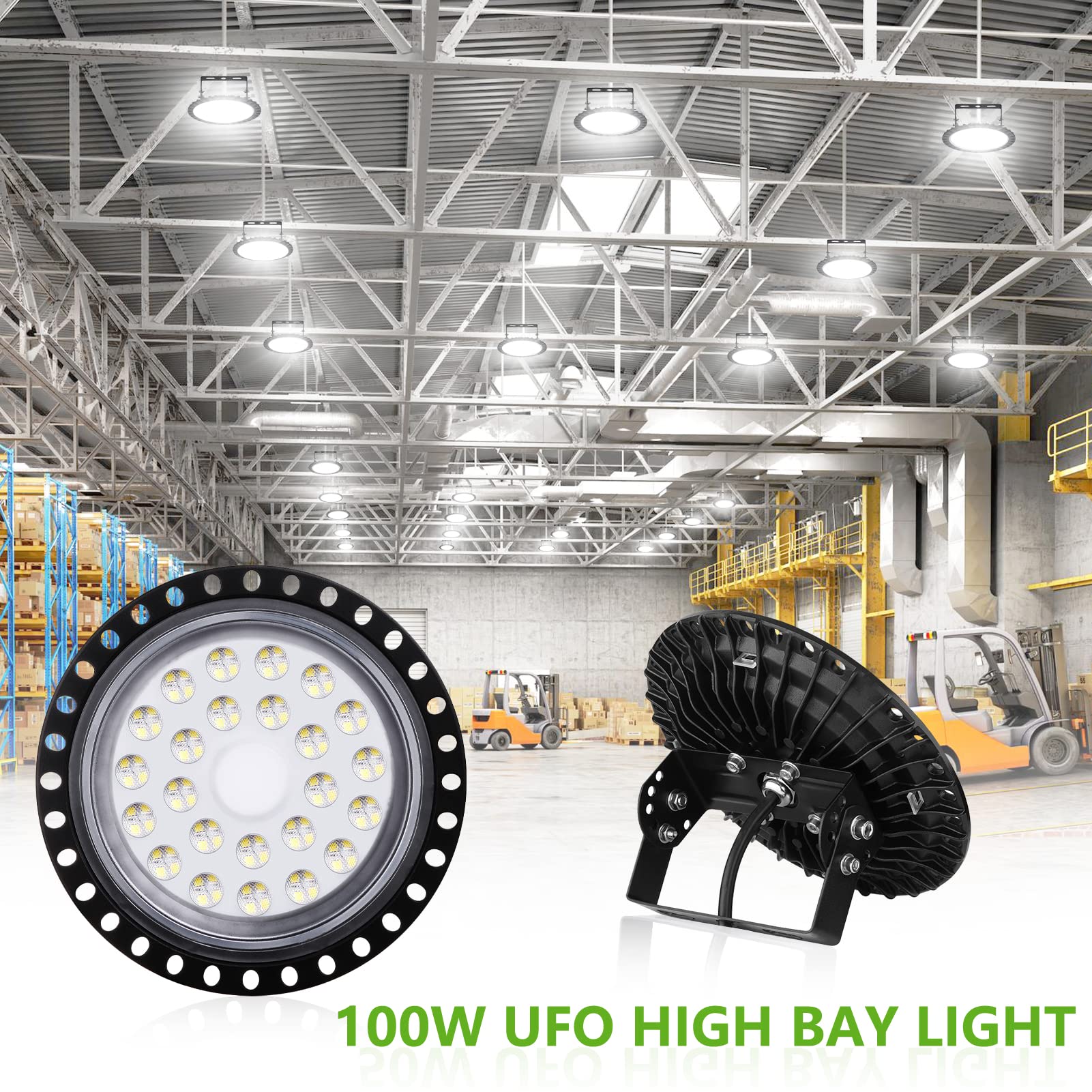 10Pcs 100W 110V UFO LED High Bay Lights - FCC Certified, 10000 Lumen 6500K Cool White Commercial Lighting - Perfect for Warehouses, Factories, Garages & Workshops