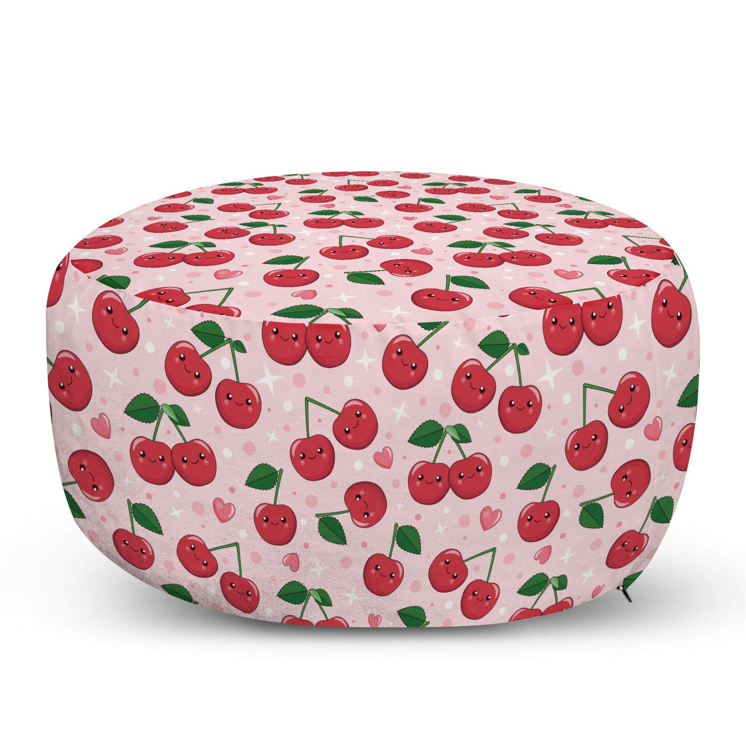 Ambesonne Fruit Ottoman Pouf - Funny Kawaii Berries Cherry Branch Design with Smiling Faces, Soft Decorative Foot Rest with Removable Cover for Living Room & Bedroom - Pale Pink, Ruby Green | Perfect for Couples, Home Decor & Cozy Seating