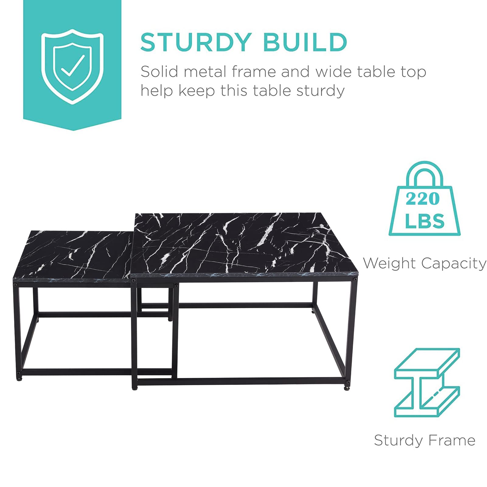 Modern Nesting Coffee Table Set of 2 - Faux Marble End Tables with Sturdy Metal Frame, Rectangle Cocktail Tables for Living Room, Bedroom or Home Office | Perfect for Small Spaces, TV Snacking and Stylish Home Decor