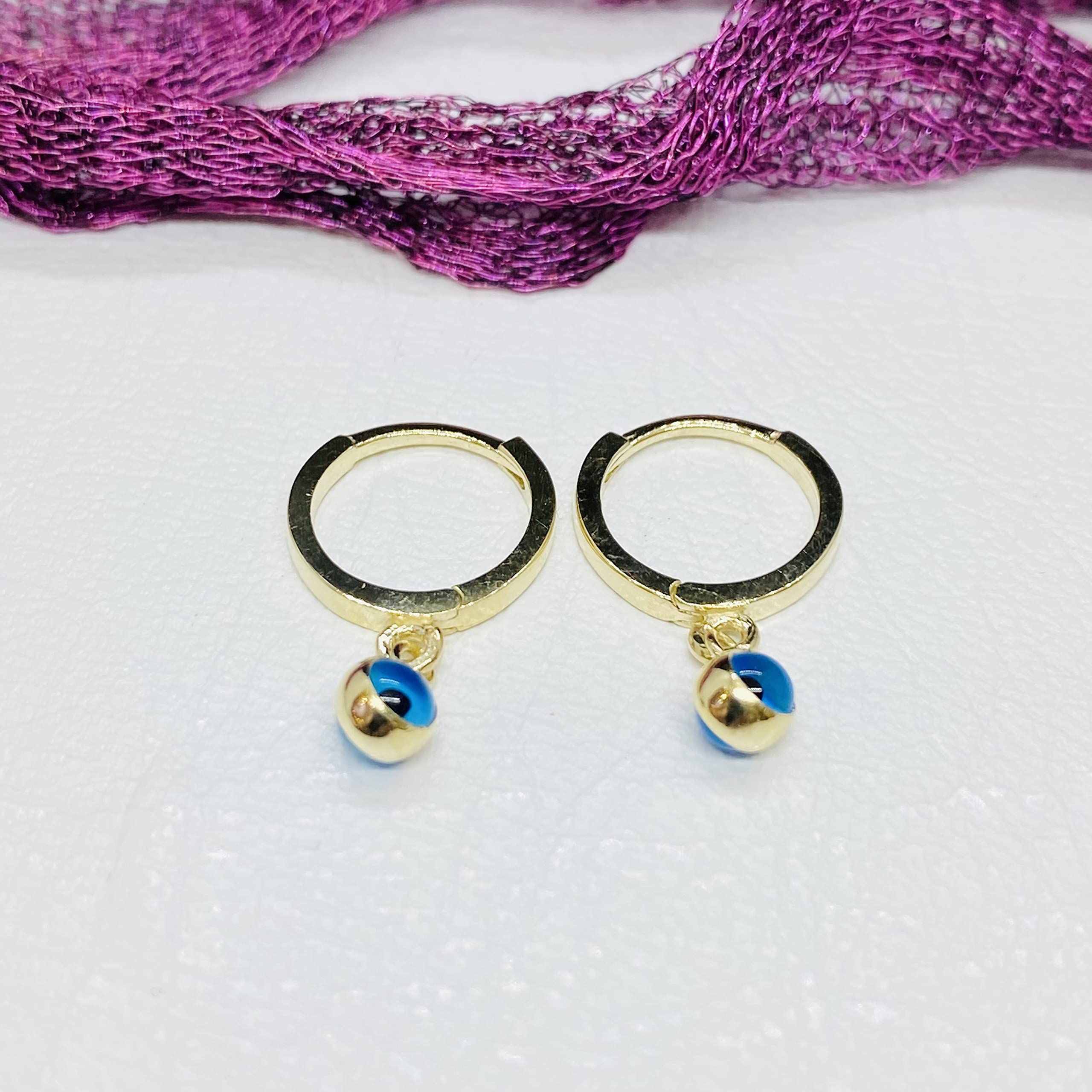 14K Solid Gold Evil Eye Hoop Earrings for Girls - Two-Sided Dangle Drop Nazar Jewelry - Baby & Teen Birthday Gift - Perfect for Parties, School & Special Occasions