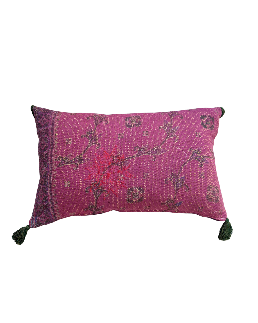 Handmade Pink & Purple Kantha Throw Pillow Cover with Green Tassels - Boho Home Decor for Living Room, Bedroom, Sofa