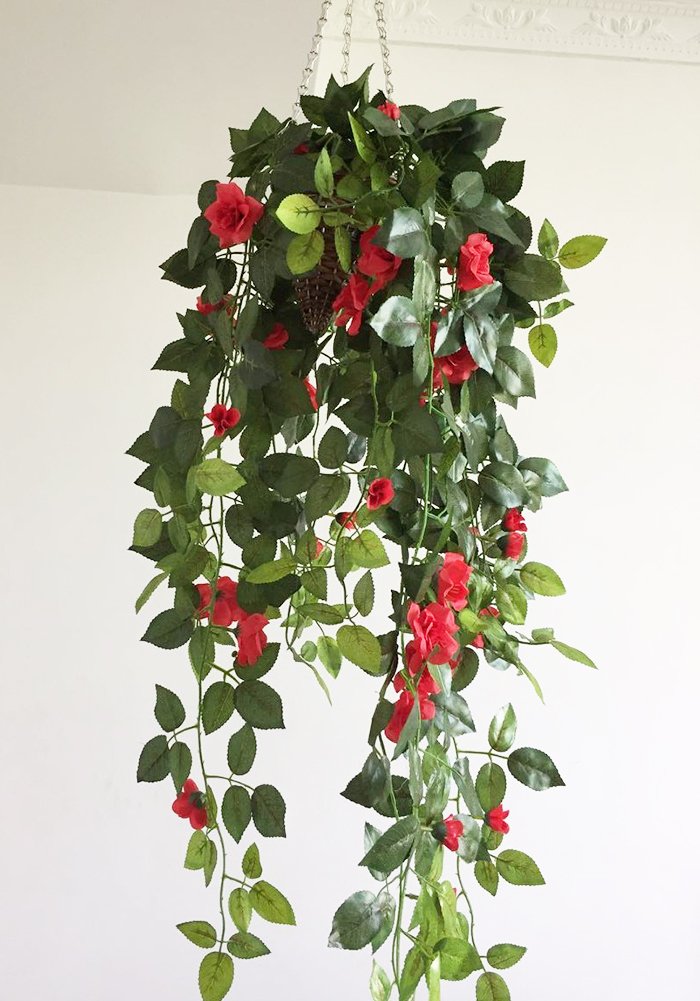Lifelike Silk Rose Artificial Flowers with Hanging Basket - Elegant Home Decor for Living Room, Wedding, Party & Office Decoration