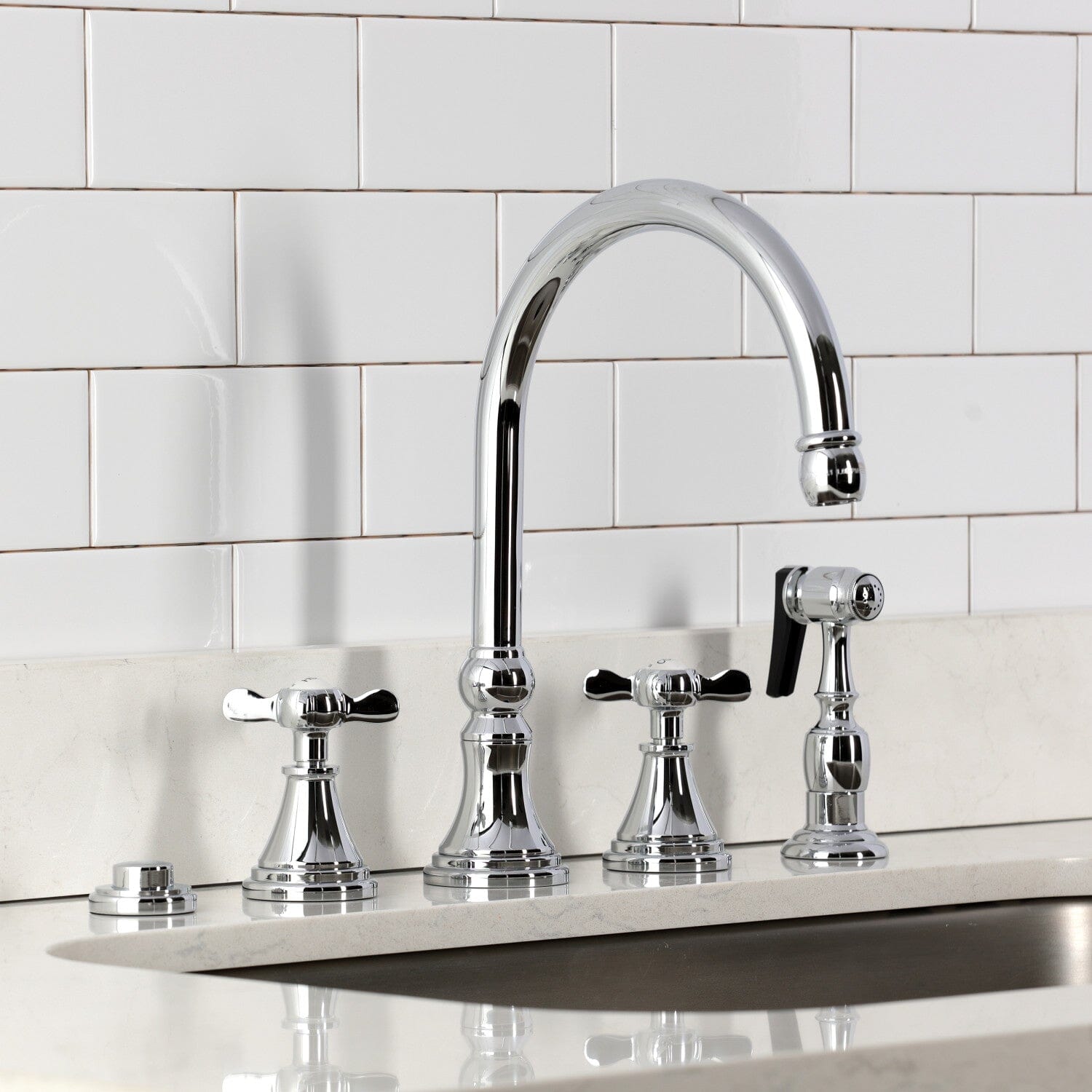 Essex Double Handle 4 Hole Widespread Kitchen Faucet with Brass Sprayer - High Arc Pull Down Sprayer for Modern Farmhouse & Commercial Kitchens