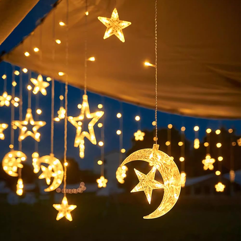 Christmas Decorations String Lights - Battery Operated LED Curtain Lights with Moon & Star Design for Ramadan, Home, Bedroom, Indoor & Outdoor Decor - Perfect for Holiday Parties, Wedding Decorations and Cozy Ambiance
