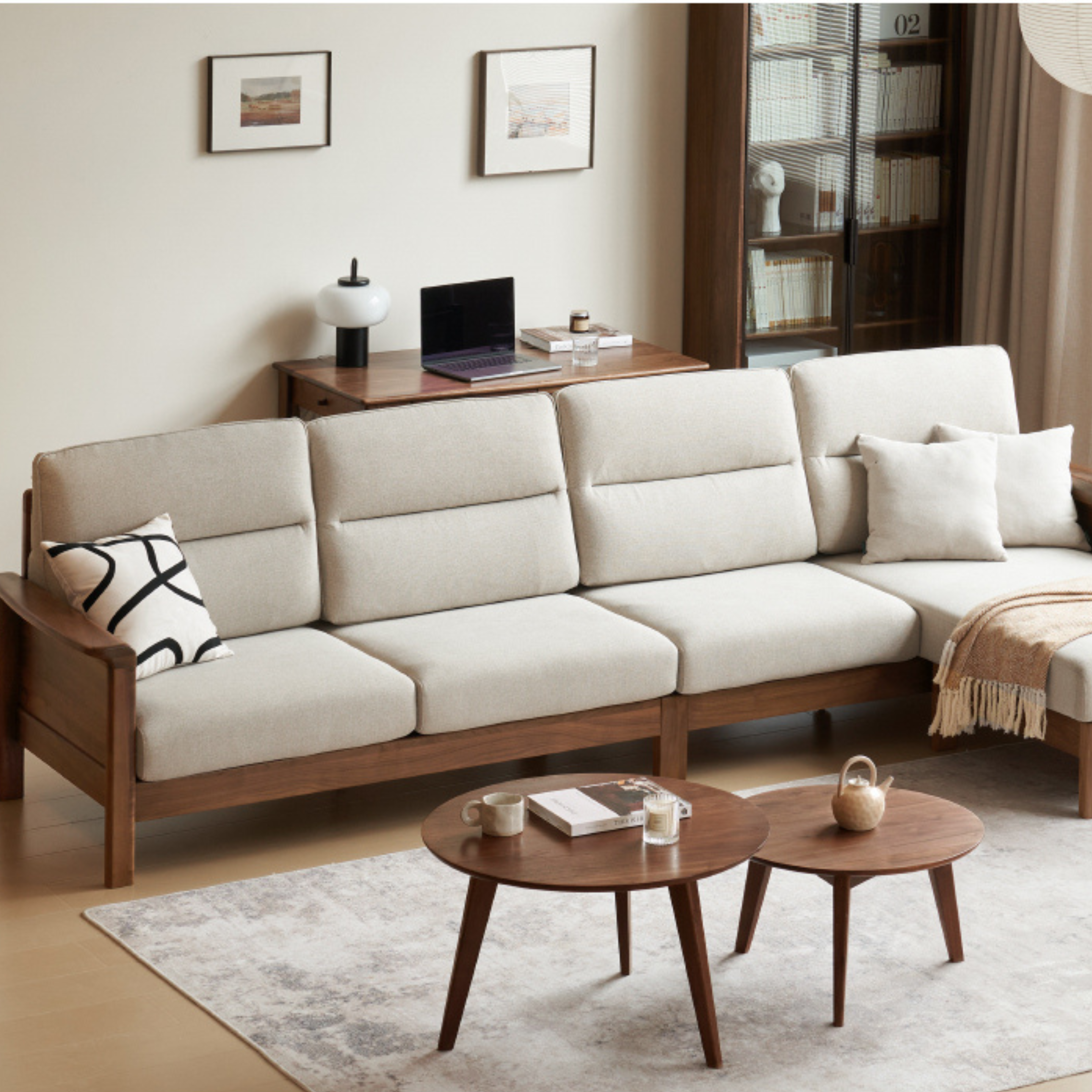 Premium Black Walnut Solid Wood Upholstered Fabric Sofa - Modern Living Room Furniture for Home & Office Comfort