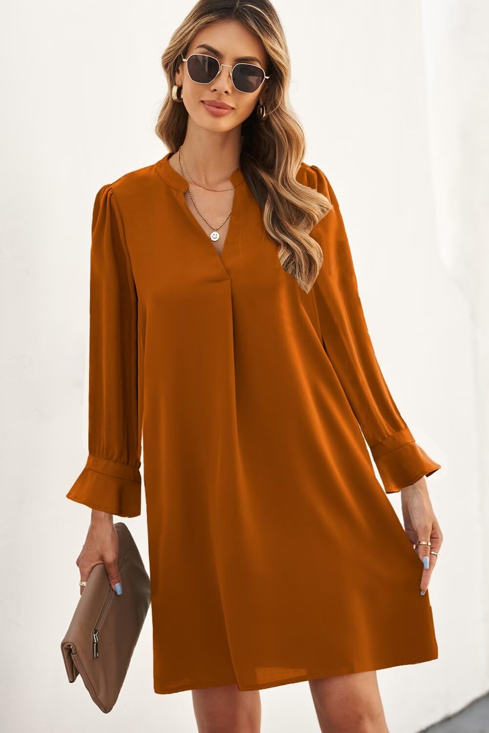 QACOHU Women's Flowy Casual V-Neck Ruffle Long Sleeve Shift Dress for Spring Summer Autumn Winter | Elegant Loose Fit Dresses for Daily Wear, Office, Dating & Special Occasions