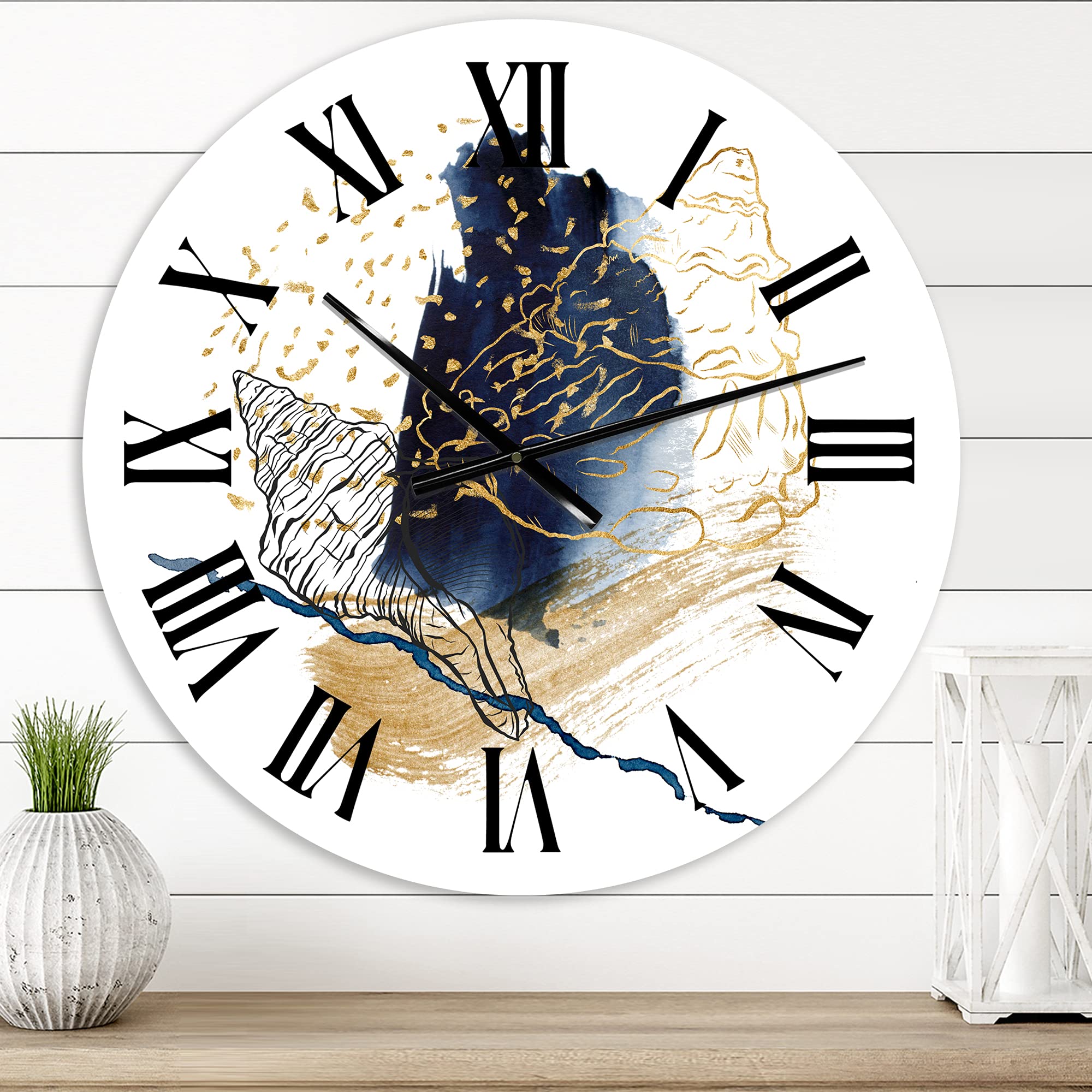 Farmhouse Wall Clock - Gold Shell Line Art with Underwater Marine Life Design, Large Abstract Fractal Wall Decor for Bedroom, Living Room & Office | Perfect for Coastal, Boho & Modern Home Décor