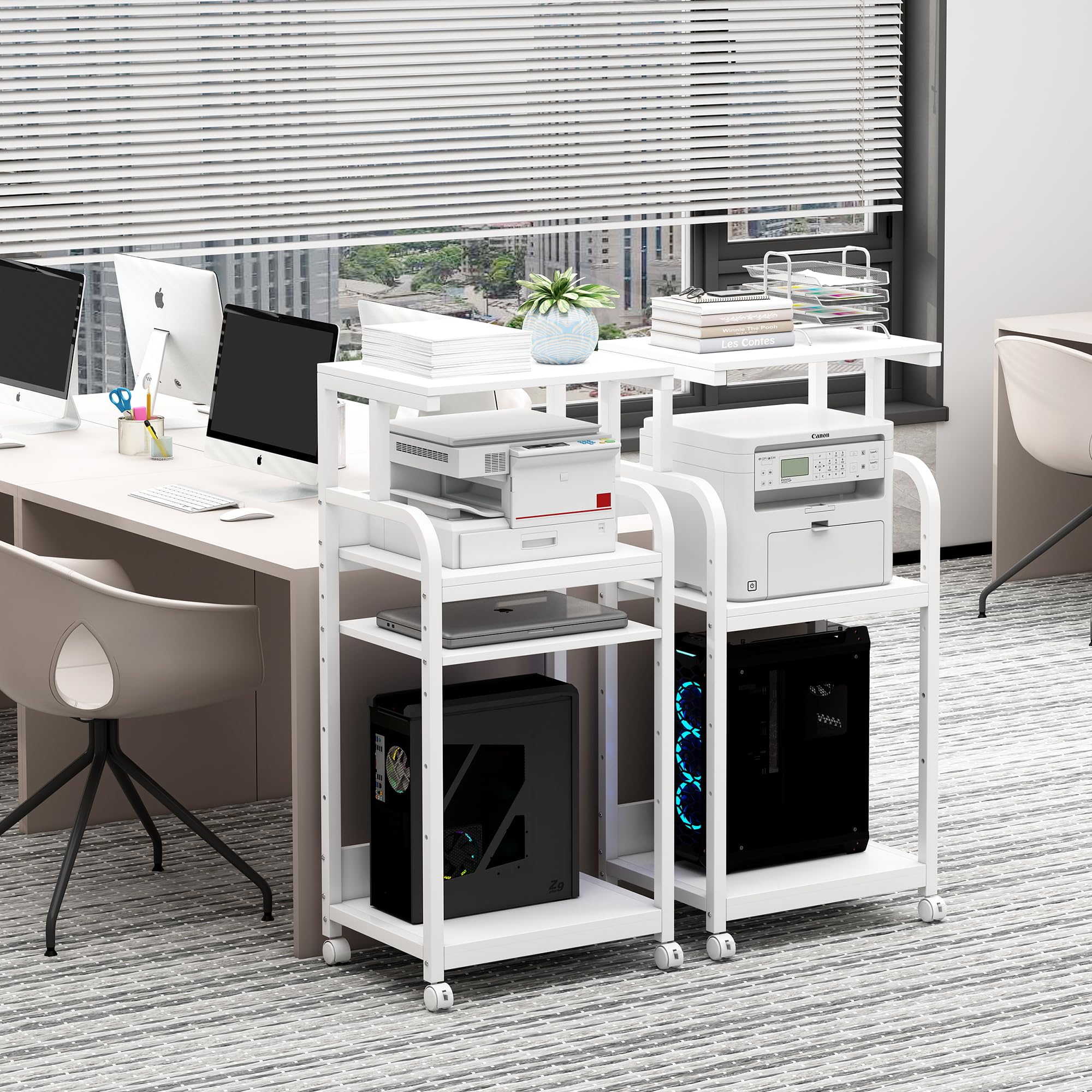 4-Tier Adjustable White Printer Stand with Wheels - Mobile Storage Cart for Printer, Shredder & CPU Tower - Perfect for Home Office Organization & Workspace Efficiency