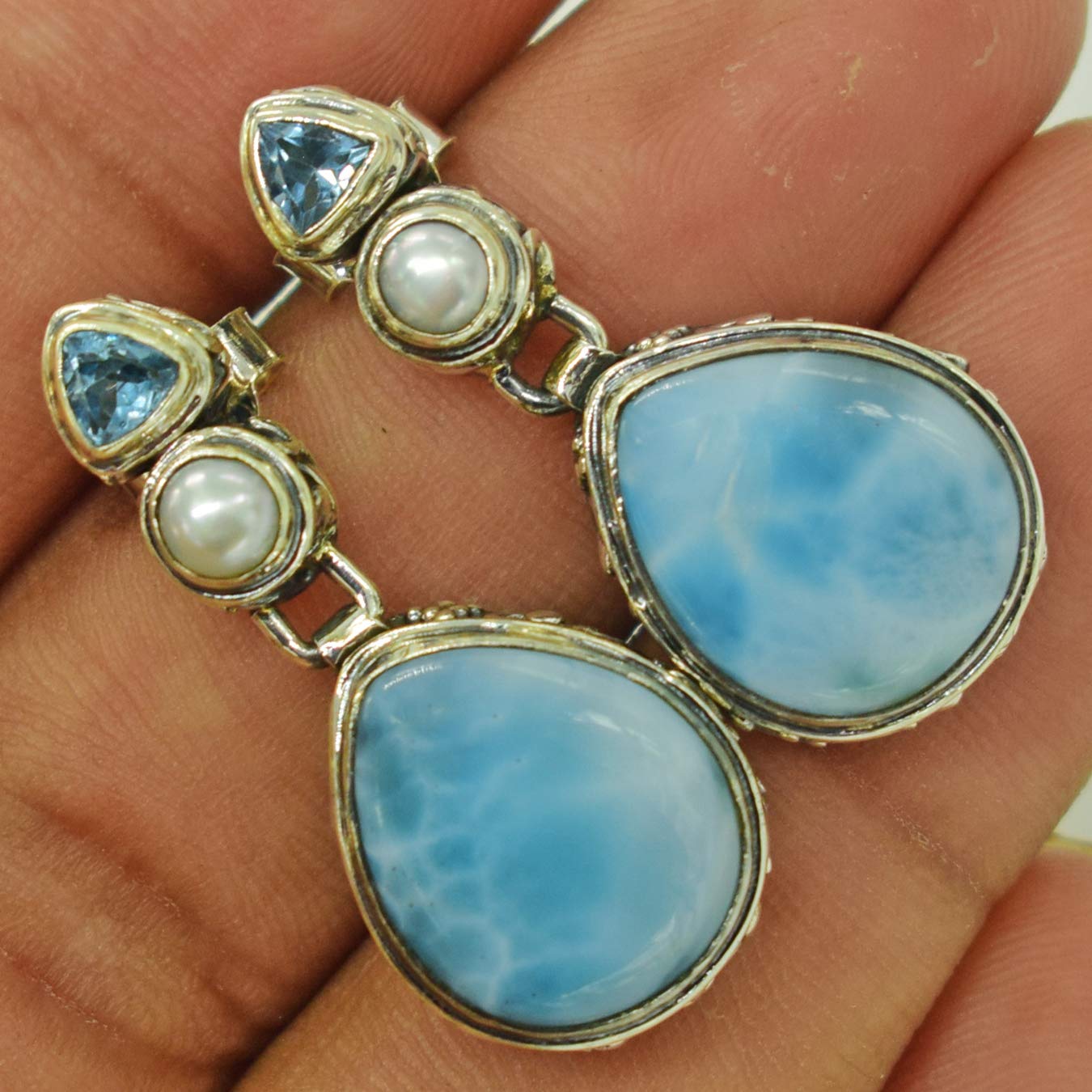 Larimar & Blue Topaz Pearl Teardrop Earrings - Sterling Silver Filigree Irish Celtic Drop Earrings for Women | Elegant Jewelry Gift for Weddings, Parties & Special Occasions