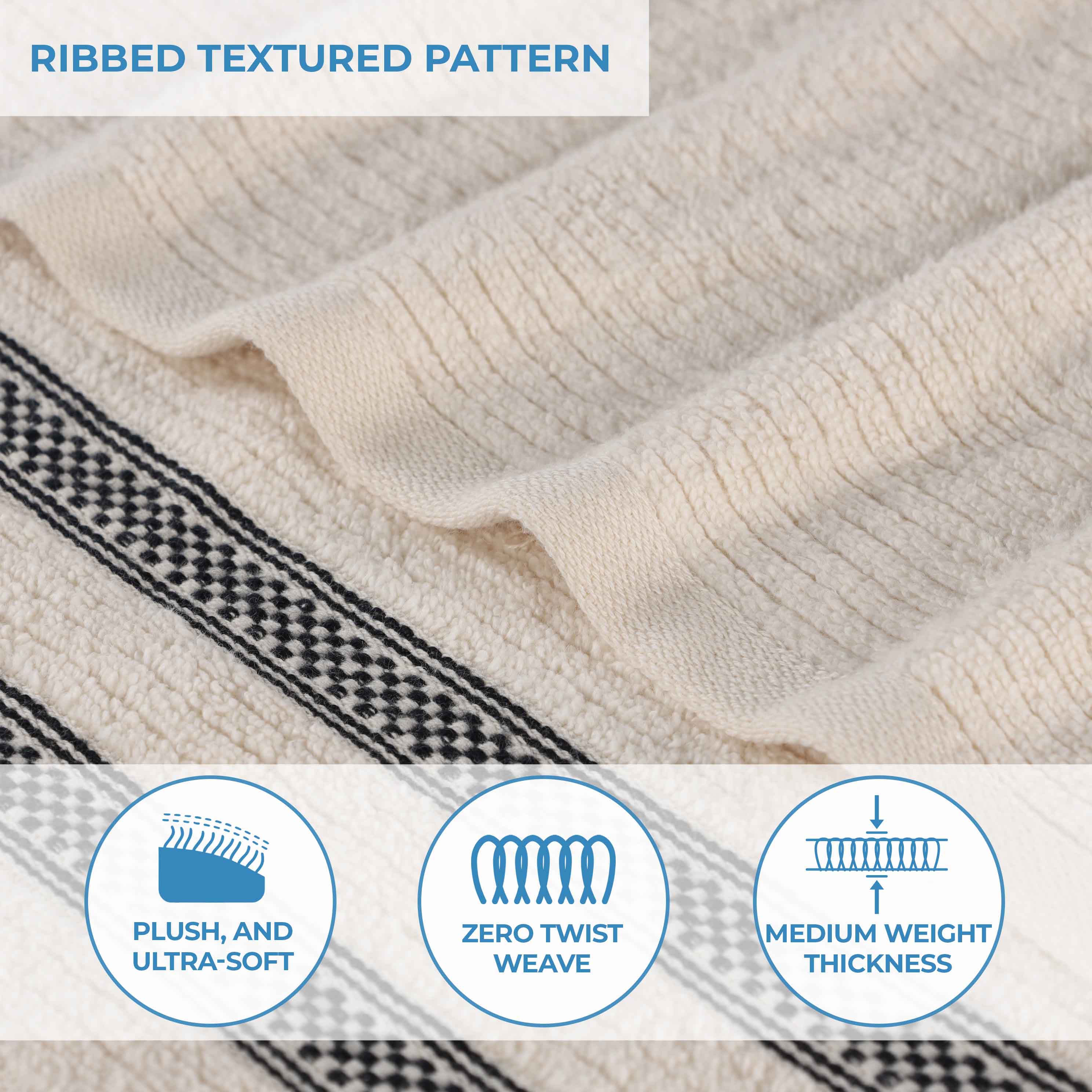Premium Zero Twist Cotton Ribbed Geometric Border Plush Hand Towel Set of 6 - Ultra Soft & Absorbent Bathroom Towels for Guest Bath, Kitchen, Spa, and Luxury Home Decor