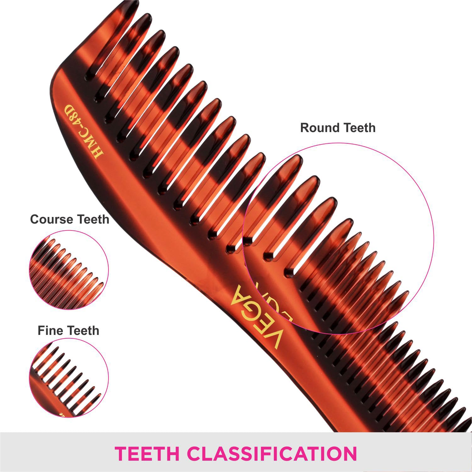 Vega Tortoise Shell Wide Tooth Shampoo Comb for Men & Women - Handmade Detangling Hair Brush for Wet/Dry Hair - India's No.1 Hair Comb Brand (HMC-48D) - Perfect for Shower, Salon & Home Hair Care