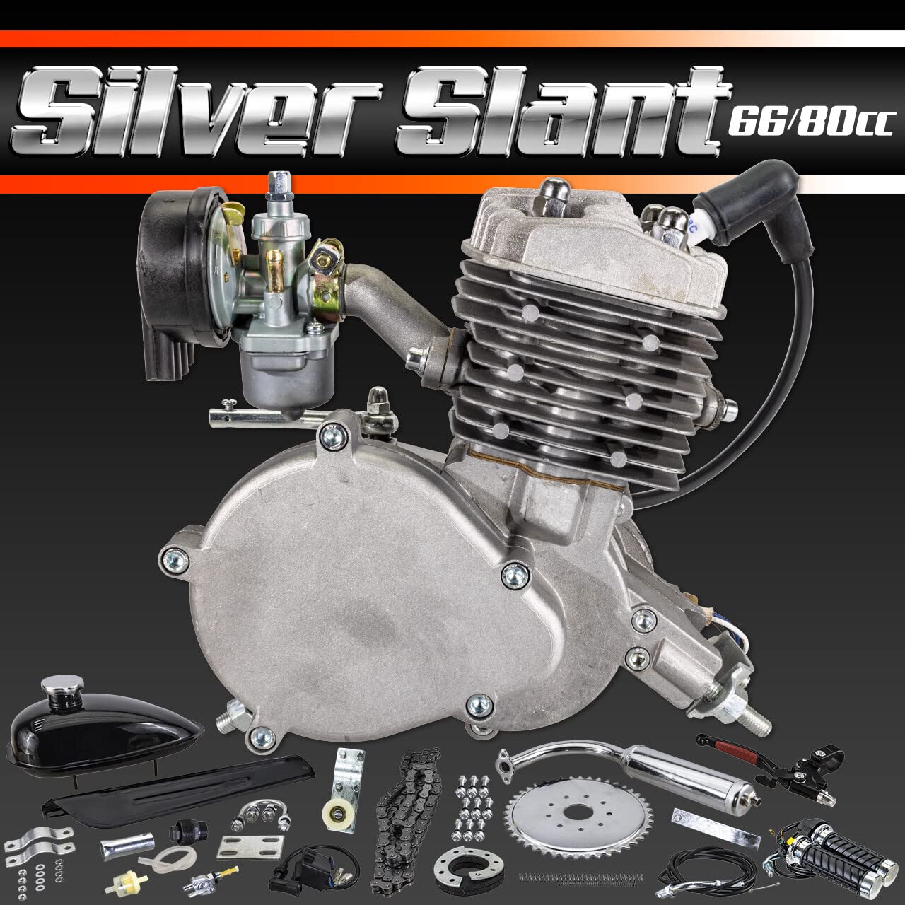 **66cc/80cc 2-Stroke Silver Slant Complete Bicycle Engine Kit - Motorized Bike Conversion for Commuting & Off-Road Adventures**
