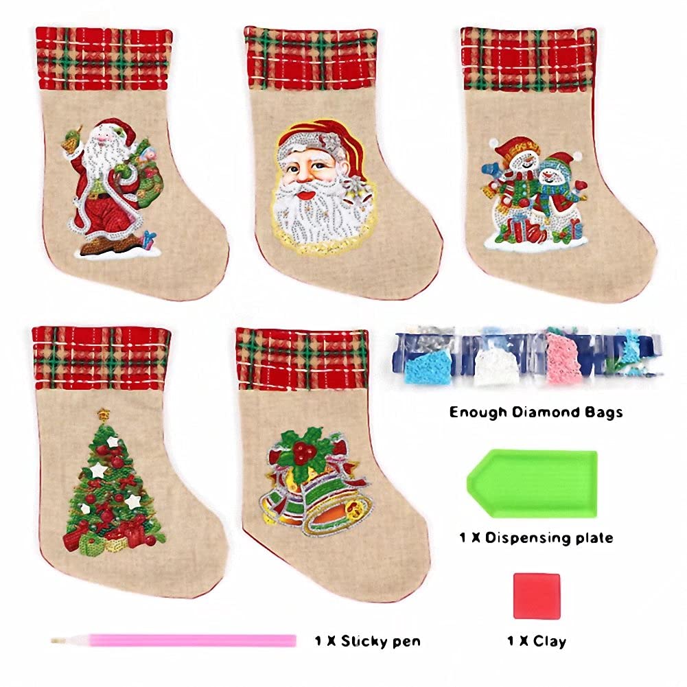 5D DIY Diamond Painting Christmas Stockings - Rhinestone Tree Socks Pendant for Xmas Fireplace Decor, Holiday Ornaments & Candy Gift Bags - Perfect for Christmas Tree Decorations, Fireplace Hanging, and Festive Party Favors
