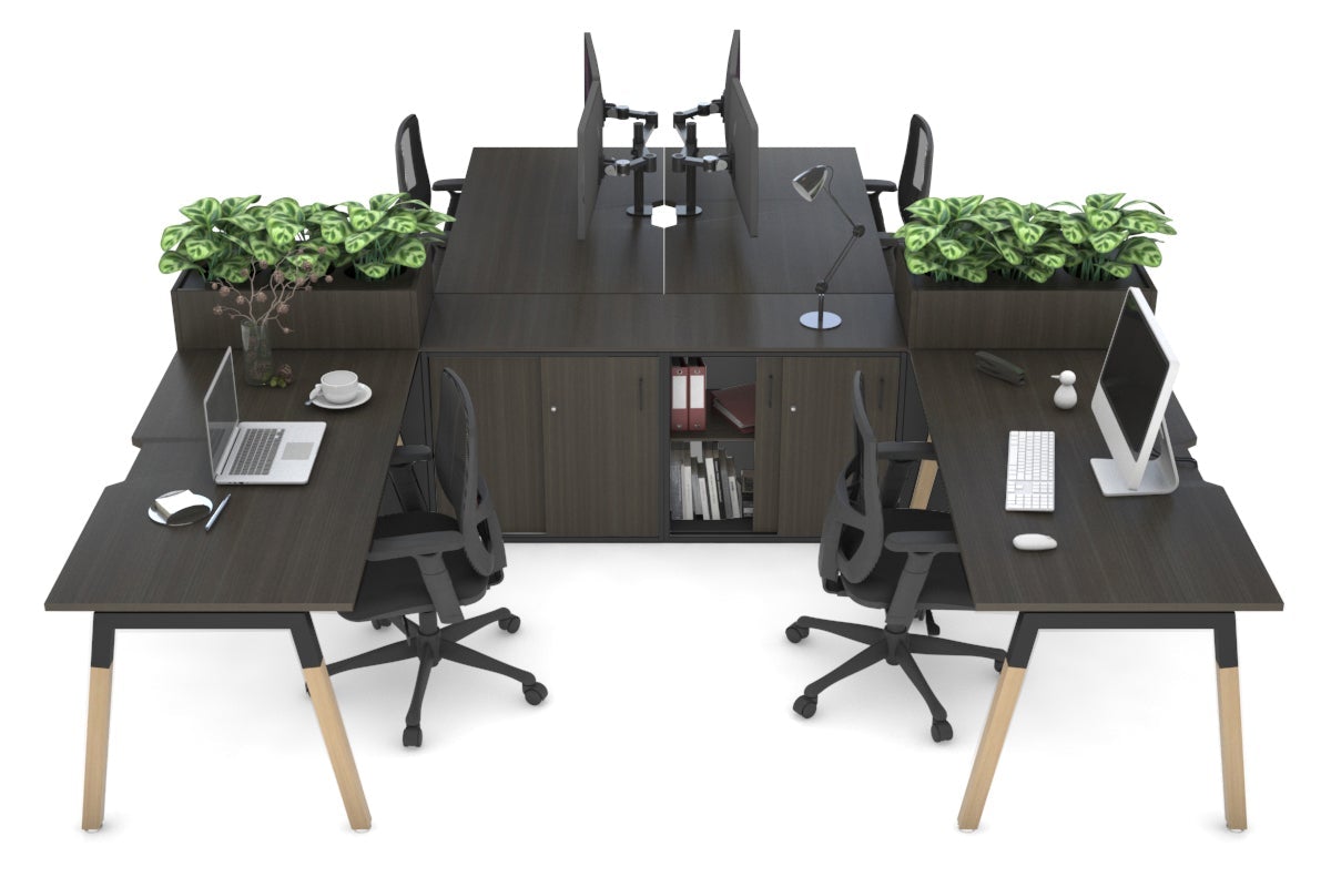 Quadro Wood A-Legs Cross Beam 4-Person Workstation with Uniform Spine - 1800x800mm with Cable Management - Modern Office Desk for Collaborative Workspaces & Home Offices