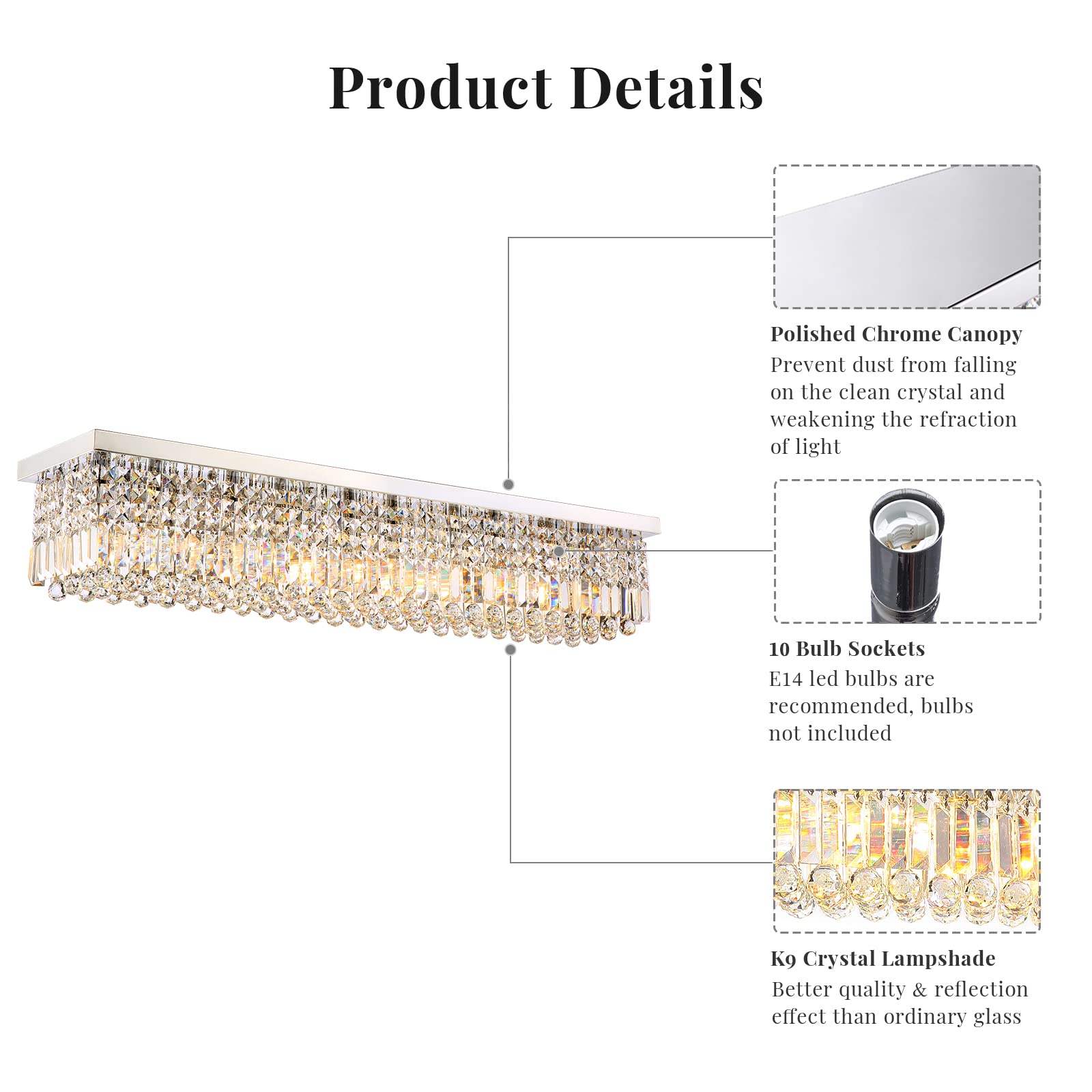 Siljoy Modern 10-Light Crystal Chandelier - Rectangular Flush Mount Ceiling Light Fixture with K9 Crystal Raindrops - 47