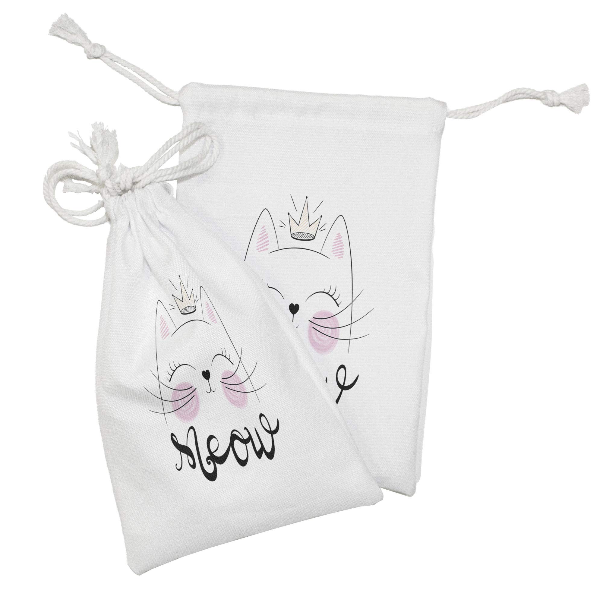 Ambesonne 2-Pack Cat Fabric Drawstring Pouch Set - Hand-Drawn Crown Kitten Cartoon Design, Small 9
