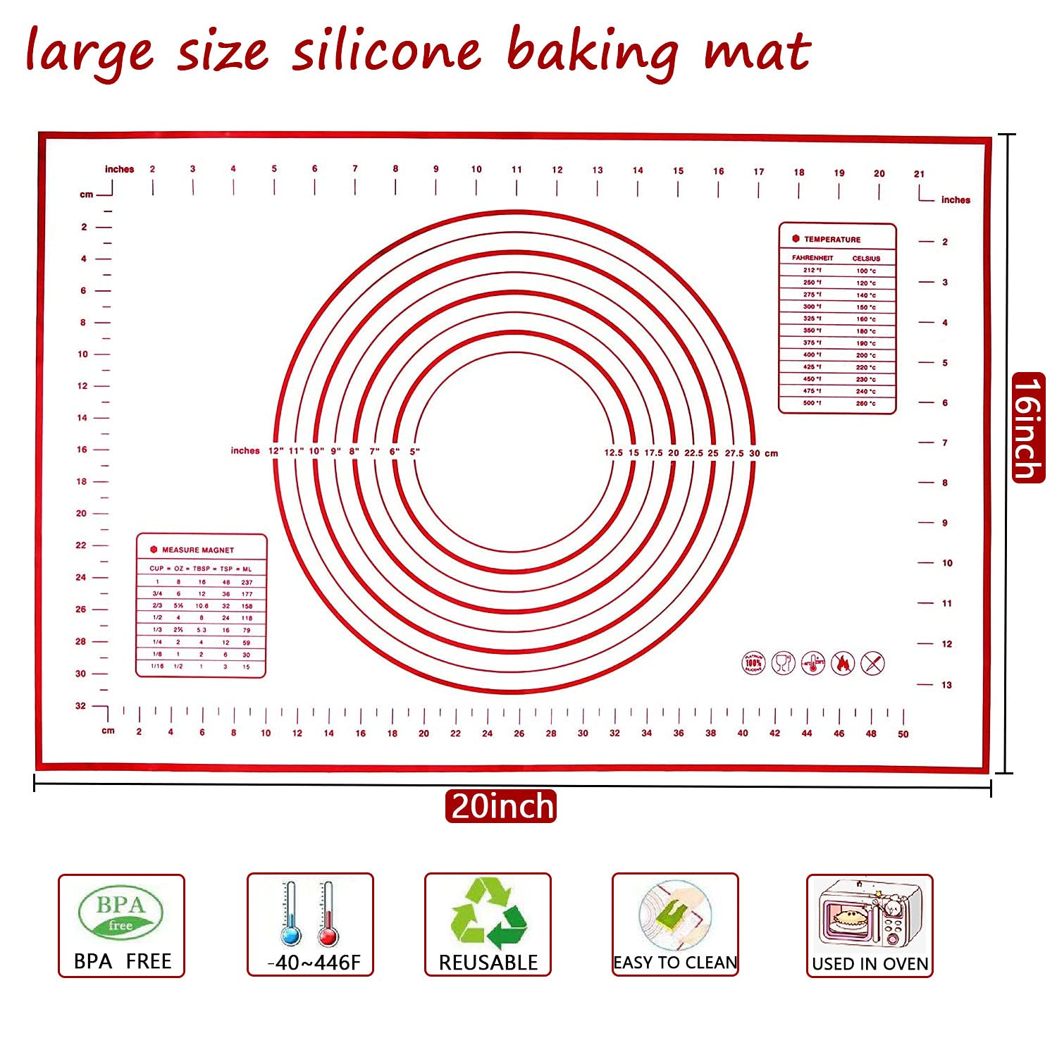Non-Slip Silicone Pastry Mat for Rolling Dough, Fondant & Pie Crust - Extra Thick Baking Sheet, Oven Safe Counter Mat (16