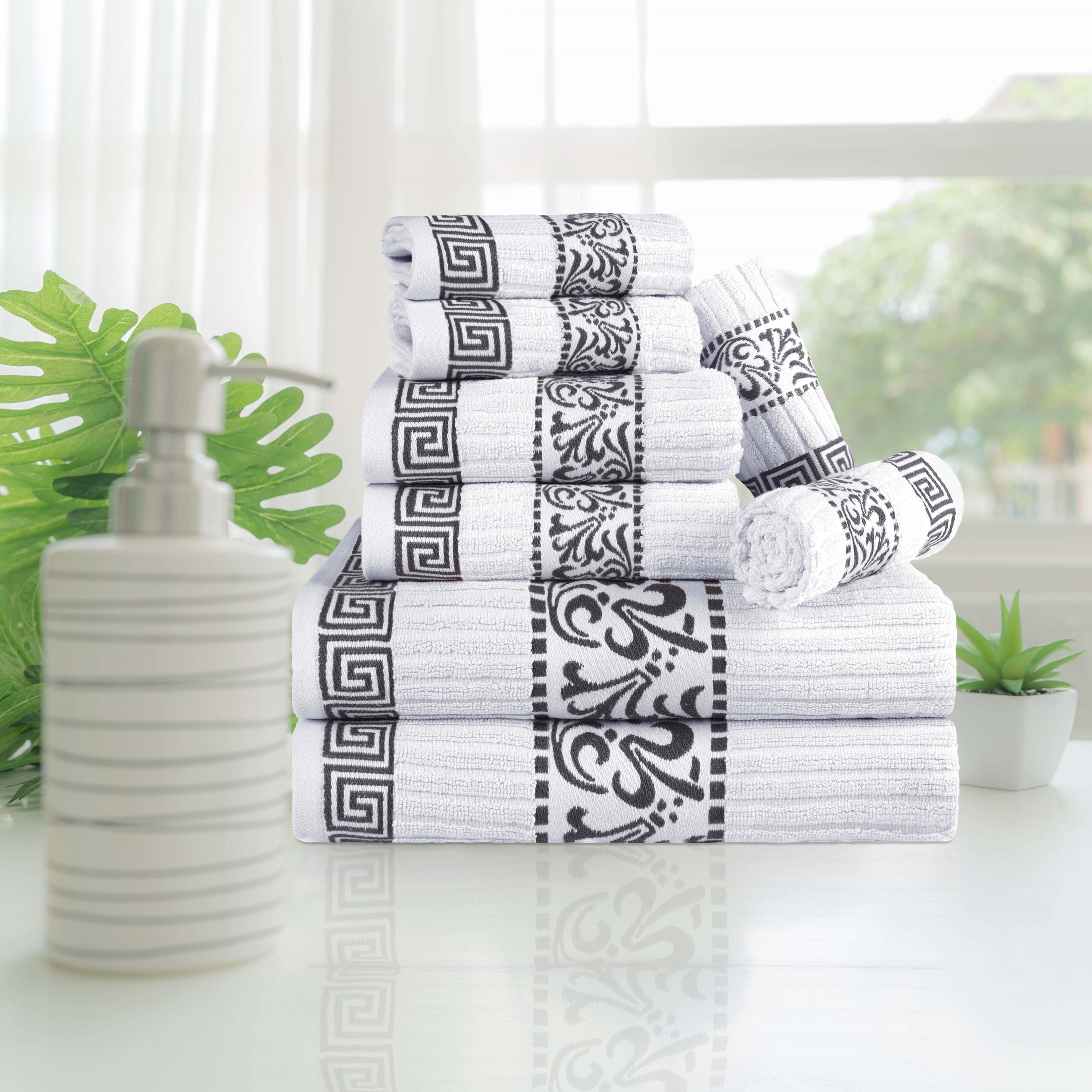Premium 8-Piece Cotton Towel Set with Greek Scroll & Floral Design - Soft Bath Towels, Hand Towels & Washcloths - Perfect for Bathroom, Spa & Luxury Home Decor