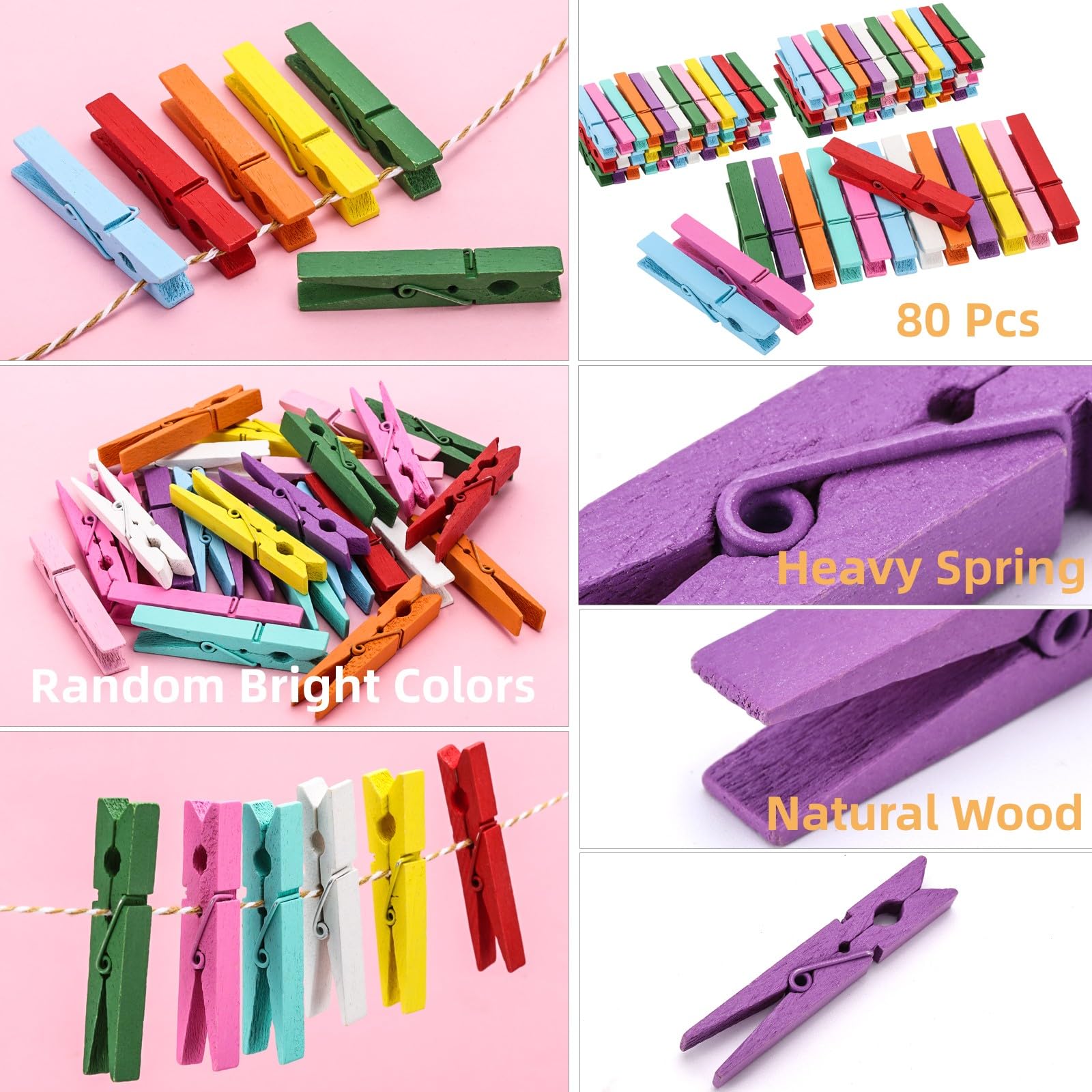 80pcs Colored Wooden Clothespins - 3 Inch Heavy Duty Wooden Clips for Hanging Laundry, DIY Crafts, Photo Display & Home Organization - Perfect for Drying Clothes, Bulletin Boards & Creative Projects