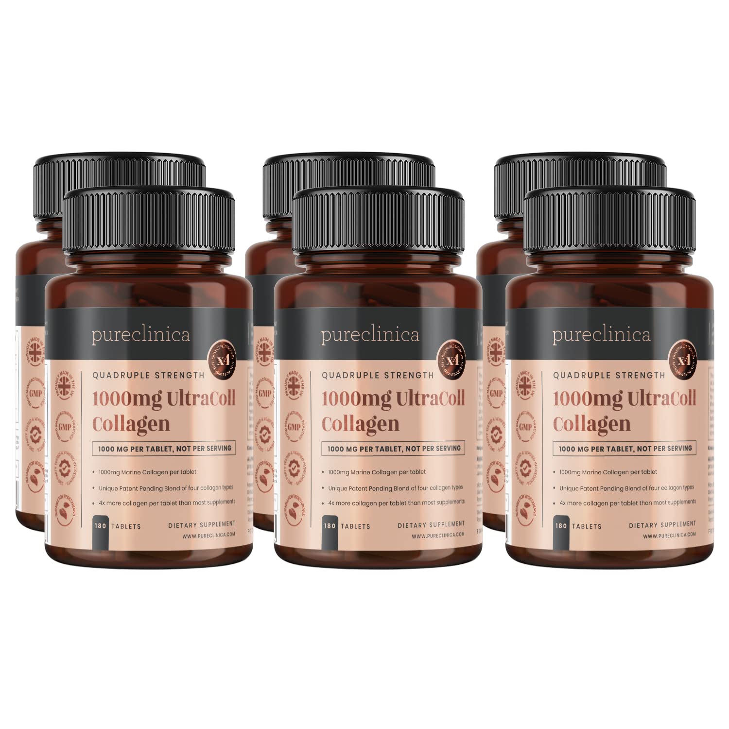 UltraColl Marine Collagen 1000mg x 1080 Tablets (6 Bottles of 180 Tablets) - 18 Month Supply with Patented Anti-Aging Collagen Types I, II, III & VII | Supports Skin Elasticity, Joint Health & Hair Growth | Perfect for Daily Wellness Routine & Active Lifestyle