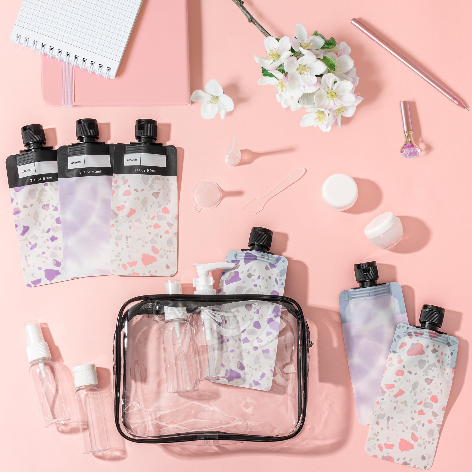 Y1tvei 16Pcs Pink Travel Bottles Kit - Leakproof Refillable Squeeze Pouches & Spray Bottles, TSA Approved Cosmetic Containers for Shampoo, Lotion & Toiletries | Perfect for Air Travel, Gym & Vacation Essentials