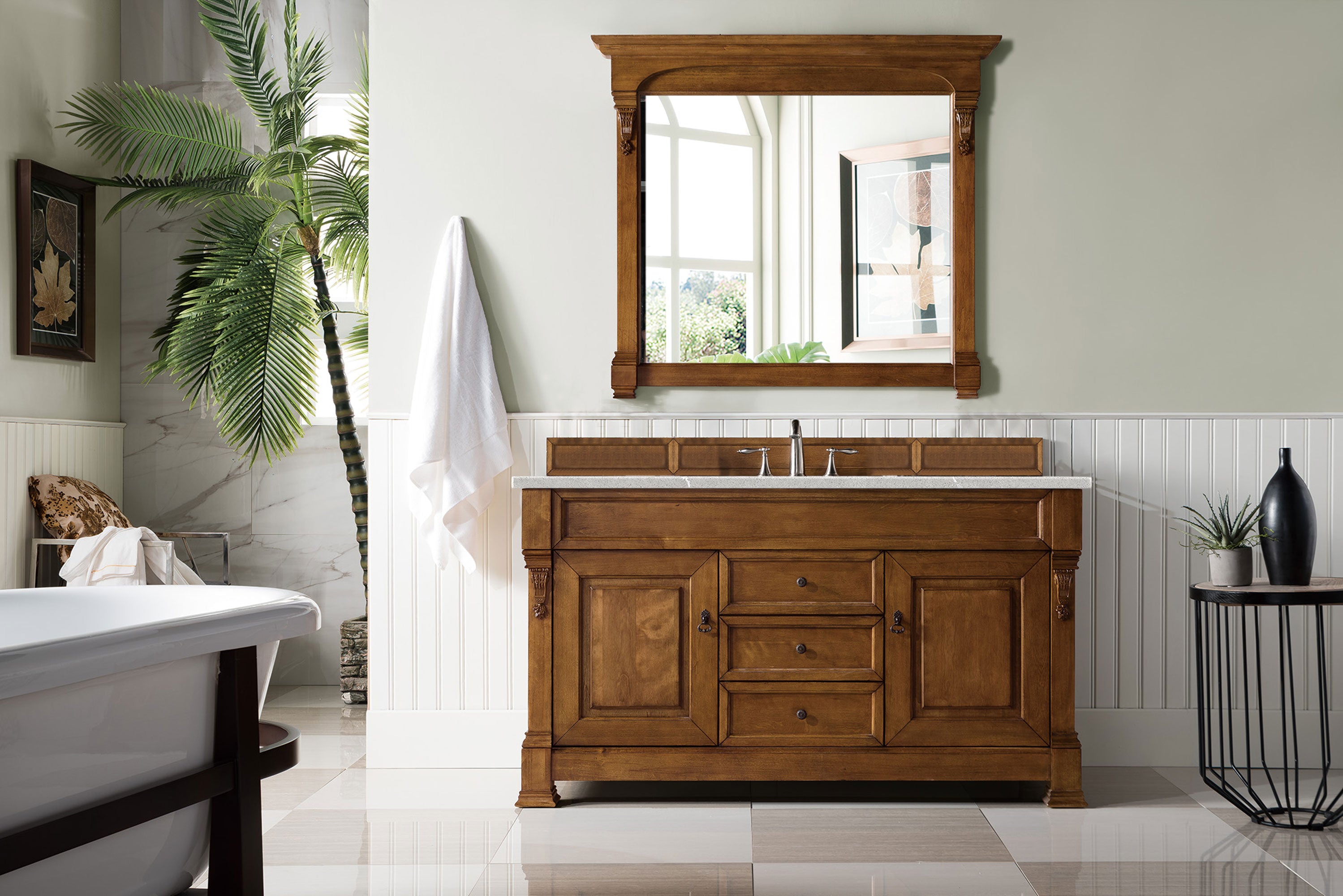Brookfield 60 Inch Single Bathroom Vanity with Country Oak Finish & 3cm Eternal Serena Quartz Top – Perfect for Modern Farmhouse & Rustic Bathroom Decor
