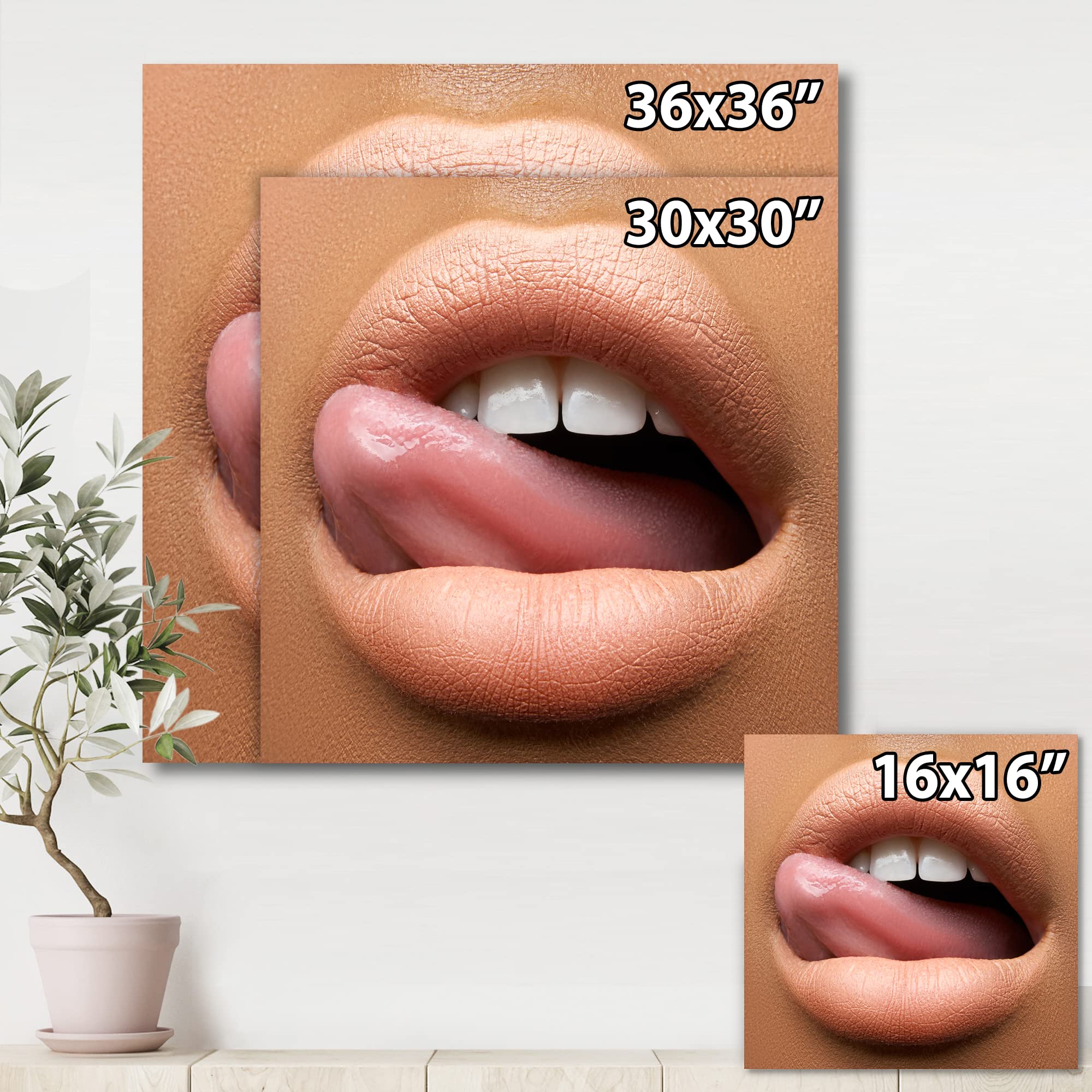 Stunning Dark-Skinned Woman Lips with Tongue - Modern Canvas Wall Art for Living Room, Bedroom & Office Decor