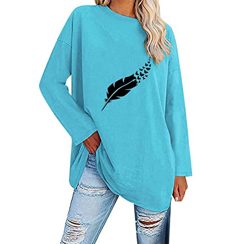 Women's Casual Long Sleeve Oversized T-Shirt - Loose Feather Butterfly Print Crewneck Tunic Top (Sky Blue, Small) | Soft Blouse for Everyday Wear, Work & Weekend Outfits