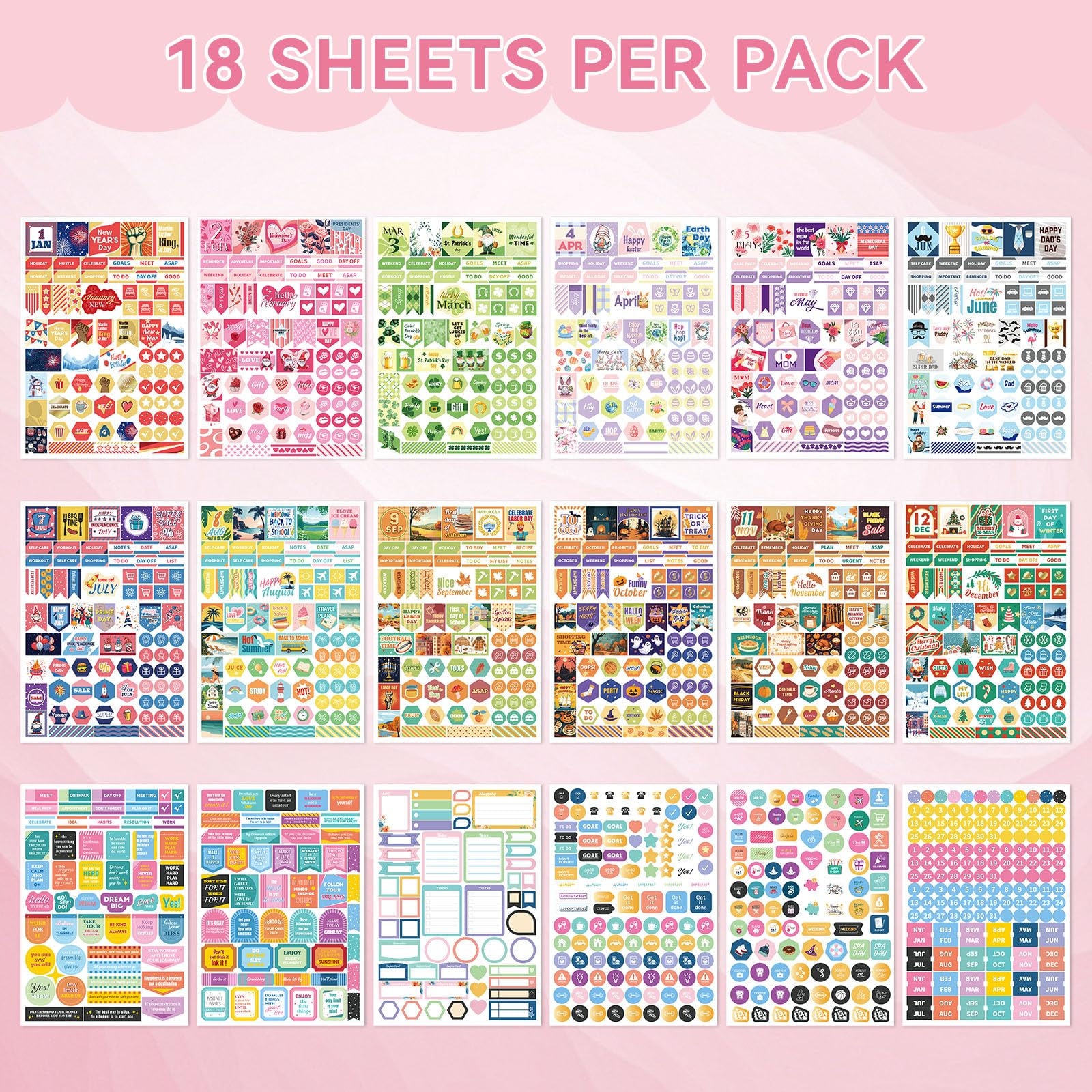 Ospelelf Planner Stickers - 18 Sheets Monthly Calendar Sticker Pack with Motivational Quotes & Festival Labels - Perfect for Bullet Journals, Scrapbooks, Laptop & Cup Decoration - Great for Home Office, School & Gift Giving