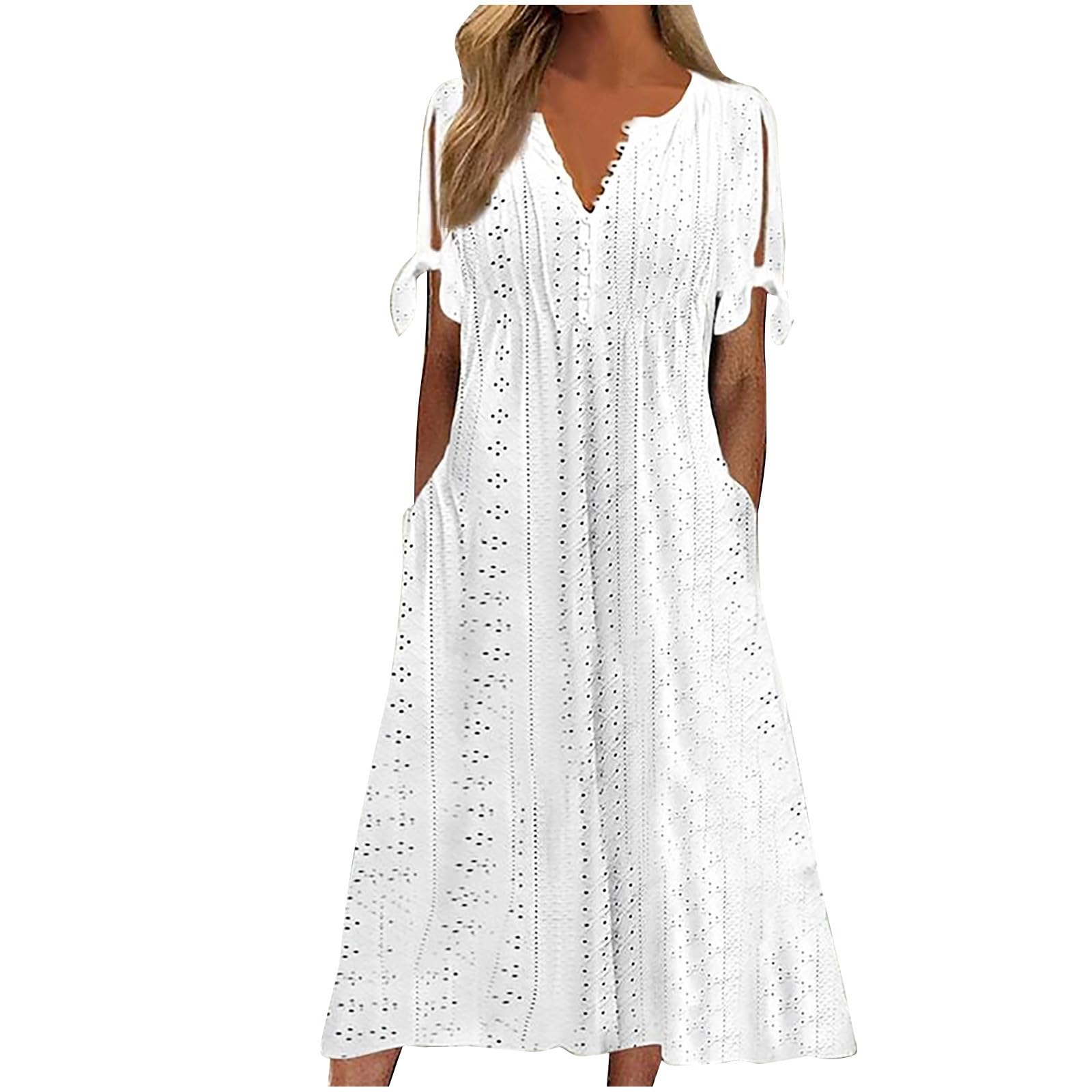 Elegant Women's Wedding Guest Dress 2023 - Short Sleeve V-Neck Lace Crochet Midi Dress with Cutout Details | Perfect for Cocktail Parties, Bridal Showers & Summer Weddings