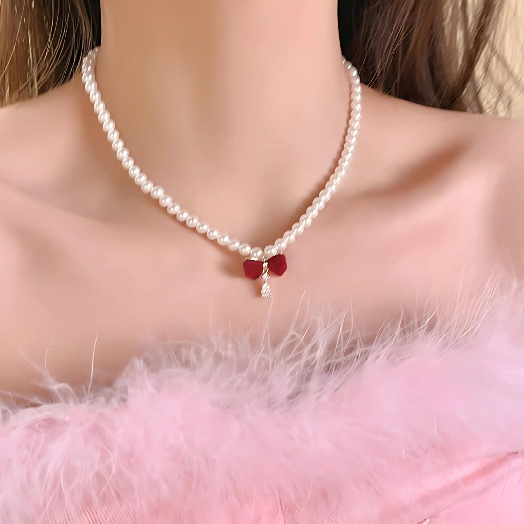 Elegant Red Bow Pearl Beaded Choker Necklace for Women - Vintage Fashion Jewelry Gift for Brides, Prom, Parties & Special Occasions