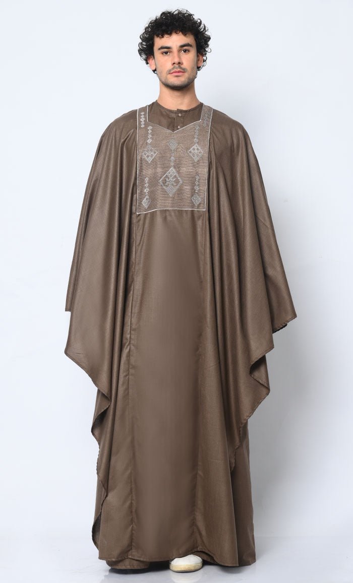 Premium 2-Piece Embroidered Men's Brown Kaftan Set with Pockets | Elegant Islamic & Arabic Traditional Wear | Perfect for Eid, Weddings & Special Occasions