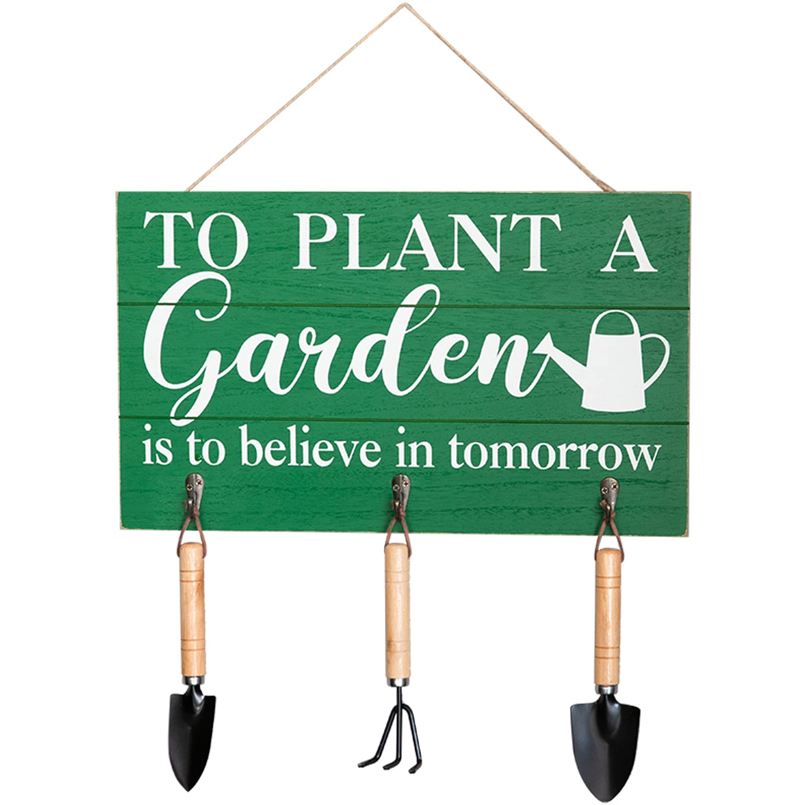 COLLECTIVE HOME - 3-Piece Garden Decor Set with Wood Hanging Signs & Tools, Outdoor Wall Art with Hooks (15.75