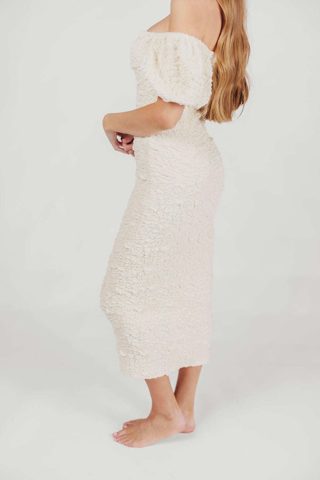 Blakeley Textured Midi Dress in Ivory - Bump Friendly Maternity & Plus Size Dress (S-3XL) | Perfect for Baby Showers, Bridal Events & Casual Outings