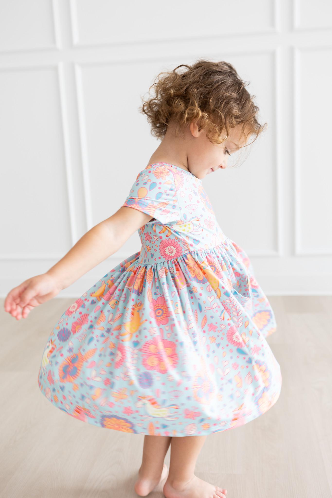 Blue Retro Unicorns Short Sleeve Pocket Twirl Dress for Girls - Perfect for Birthday Parties, Tea Time & Photo Shoots