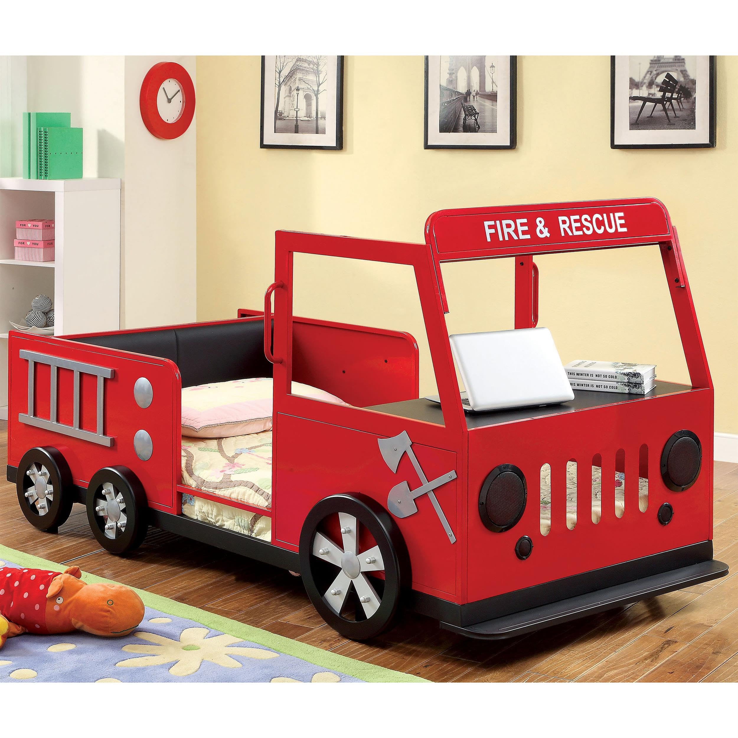 Furniture of America Jennen Novelty Metal Fire Truck Twin Bed in Red - Kids Themed Bedroom Furniture for Boys - Perfect for Firefighter-Themed Rooms & Play Areas