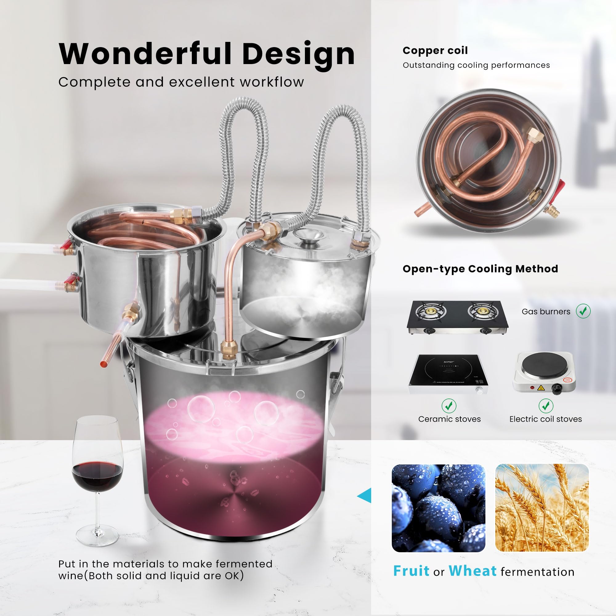 VIVOHOME 8 Gallon Alcohol Still Kit with 3 Stainless Steel Pots, Built-in Thermometer & Water Pump - Perfect for Home Brewing Whiskey, Wine, Brandy, Bourbon & Essential Oils | DIY Distilling for Beginners & Enthusiasts | Great for Home Bars, Craft Brewing & Aromatherapy