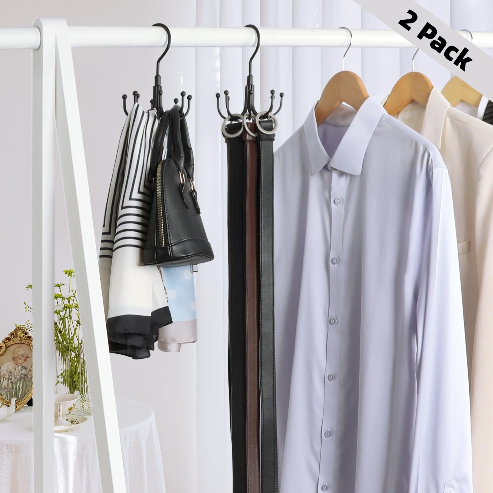 360° Rotatable Belt Organizer & Closet Storage Hook - 2-Pack with 8 Hooks for Belts, Ties, Scarves, Purses & More | Space-Saving Accessory Organizer for Closet, Wardrobe & Bedroom (Black)