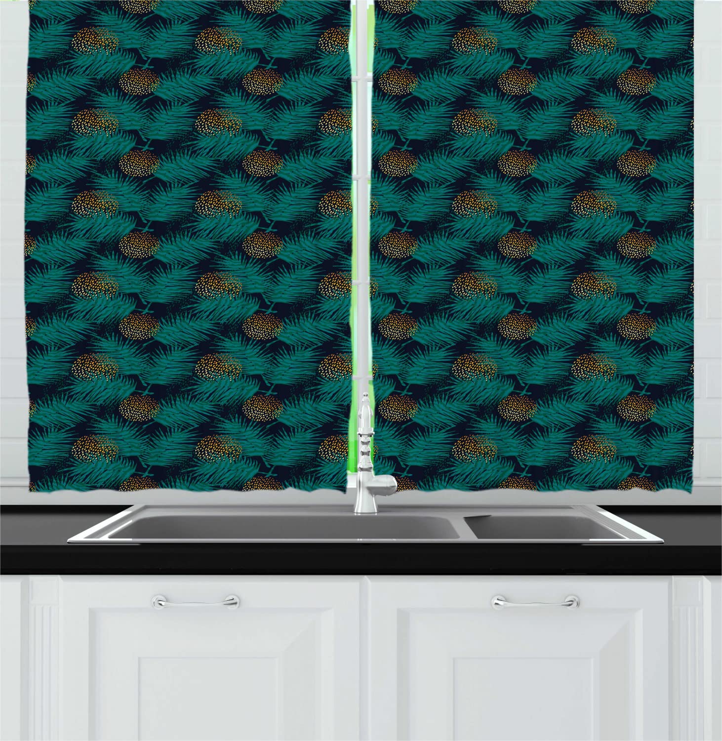 Ambesonne Tropical Long Kitchen Curtains - Exotic Hawaii Palm Tree & Dot Print Drapes with Rod Pocket, 55x45 Inch, Dark Blue Green & Earth Yellow - Perfect for Beach House, Tropical Theme Decor & Kitchen Window Treatments