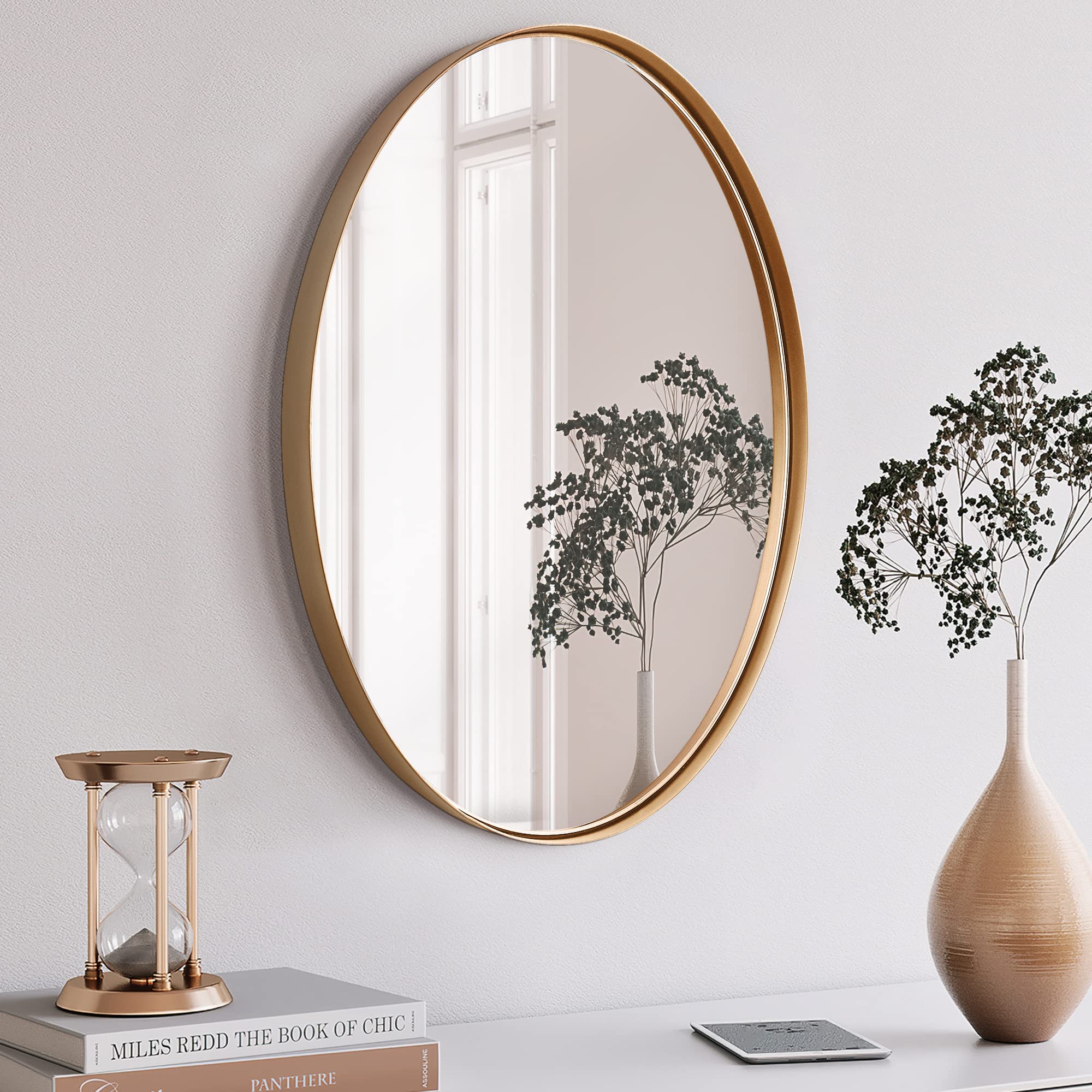 Clavie 24x36 Inch Oval Wall Mirror - Stainless Steel Gold Framed Bathroom Vanity Mirror for Living Room, Bedroom, Entryway & More - Perfect for Makeup, Decor & Small Spaces