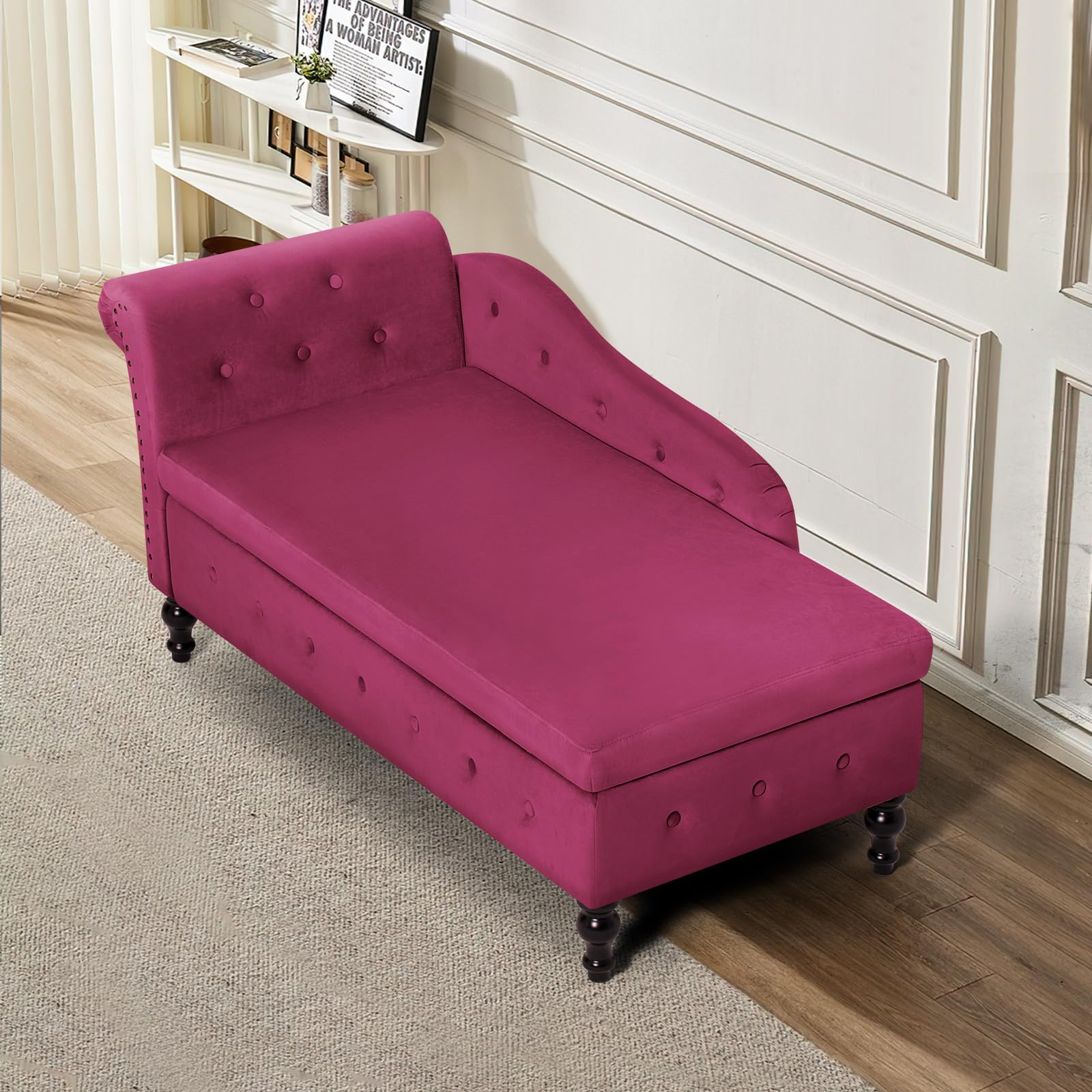 Velvet Upholstered Chaise Lounge with Left Armrest & Lumbar Pillow, Button Tufted Storage Sofa - Modern Lounge Chair for Bedroom, Living Room & Office - Perfect for Relaxing, Reading & Napping (Fuchsia)