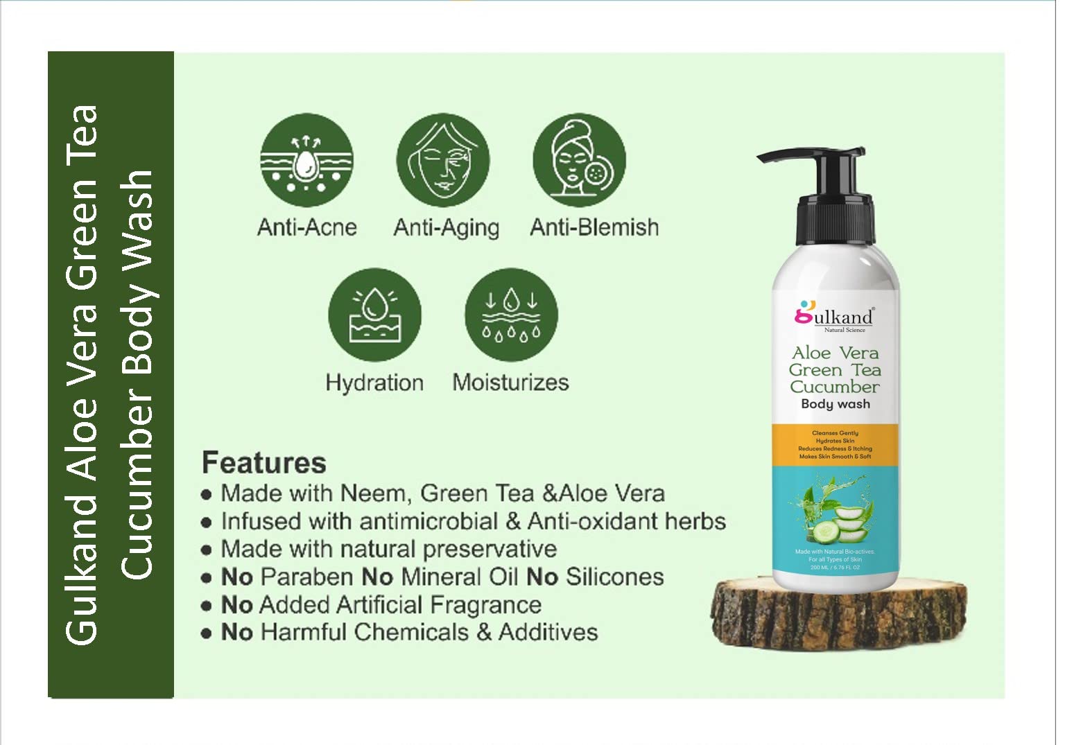 Gulkand Aloe Vera Green Tea Cucumber Body Wash - Hydrating & Glowing Skin Care for Men & Women (200ml) | Perfect for Dry Skin & Daily Shower Routine
