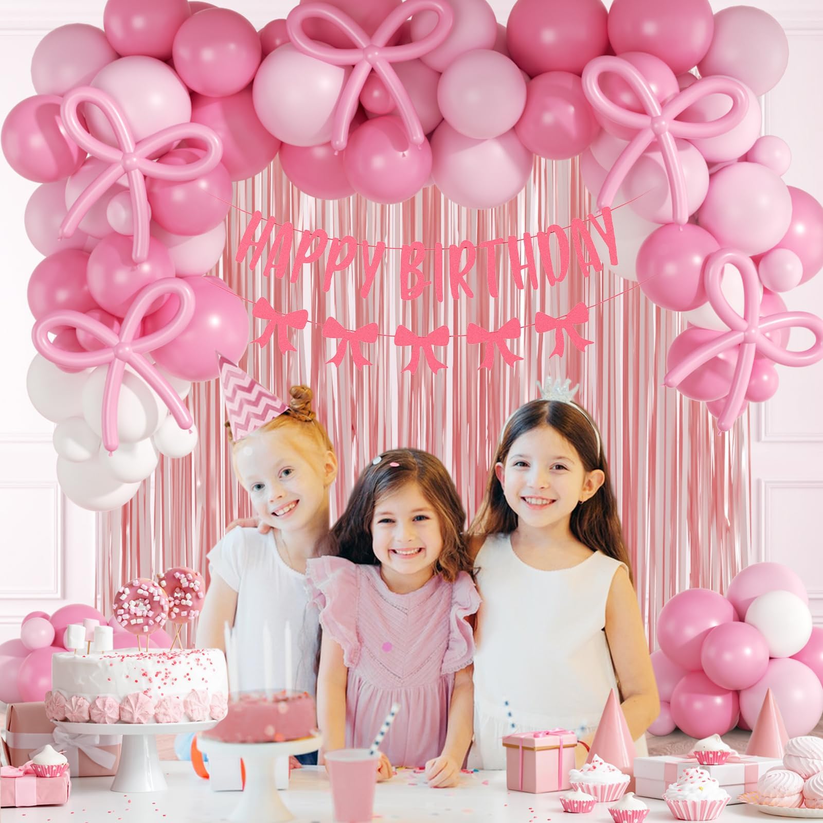 Elegant Pink Bow Birthday Decorations for Women - Light Pink Balloons, Fringe Curtains & Happy Birthday Banner | Perfect for Bow-Themed Coquette Parties, Bridal Showers & Adult Birthday Celebrations