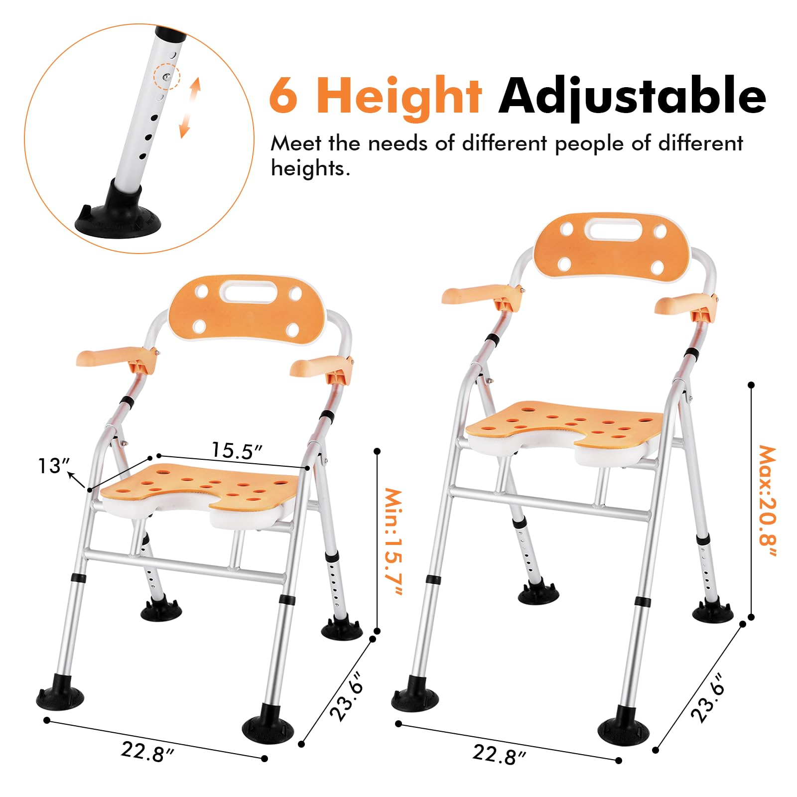 Foldable Shower Chair with Arms & Back - Adjustable Height (6 Levels) for Elderly, Pregnant & Disabled - 440lbs Weight Capacity - Non-Slip Bath Seat with Cutout Design - Perfect for Safe Bathing & Private Washing in Home & Hospital Settings