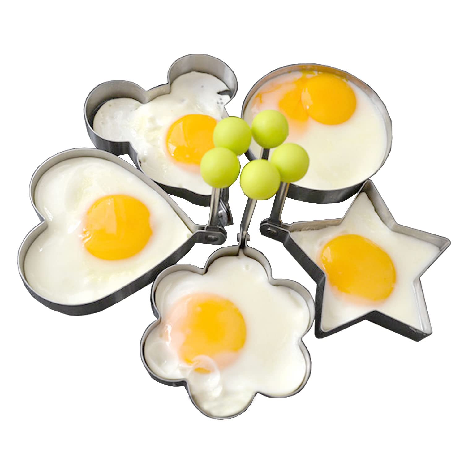 5-Piece Stainless Steel Egg Ring Set - Non-Stick Pancake & Egg Molds with Ergonomic Handle for Perfect Breakfast Shapes (Ideal for Eggs, Pancakes, Sandwiches & Kids' Meals)