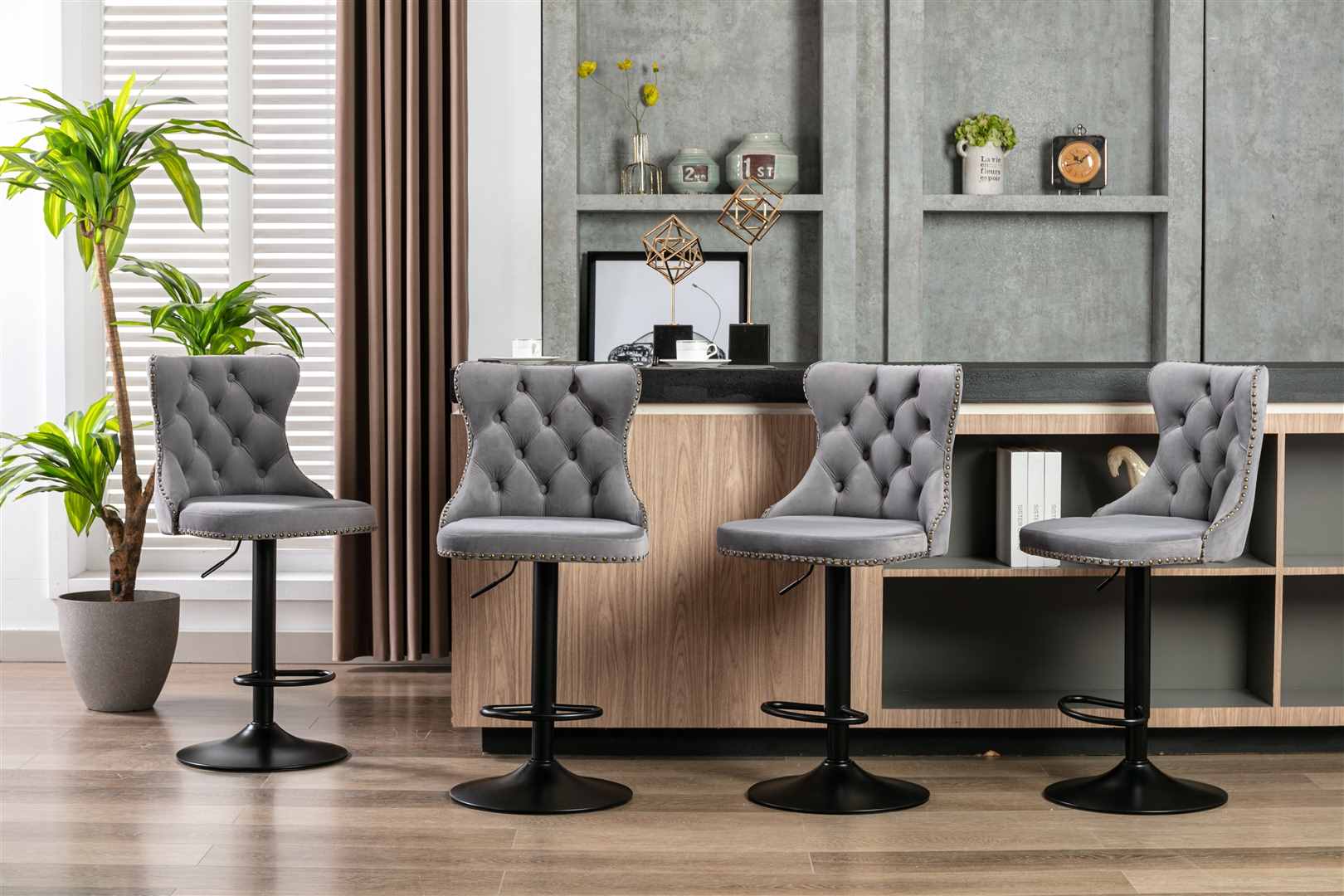 Adjustable Height Swivel Bar Stools with Footrest - Velvet Upholstered Nailhead Accent Bar Chairs for Kitchen Island, Home Bar & Dining Counter - Set of 2