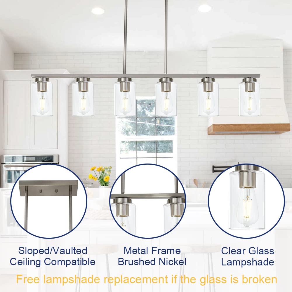 Modern 6-Light Linear Pendant Light Fixture with Clear Glass Shades - Brushed Nickel Finish for Kitchen Island, Dining Room, Pool Table & Bar Counter Lighting