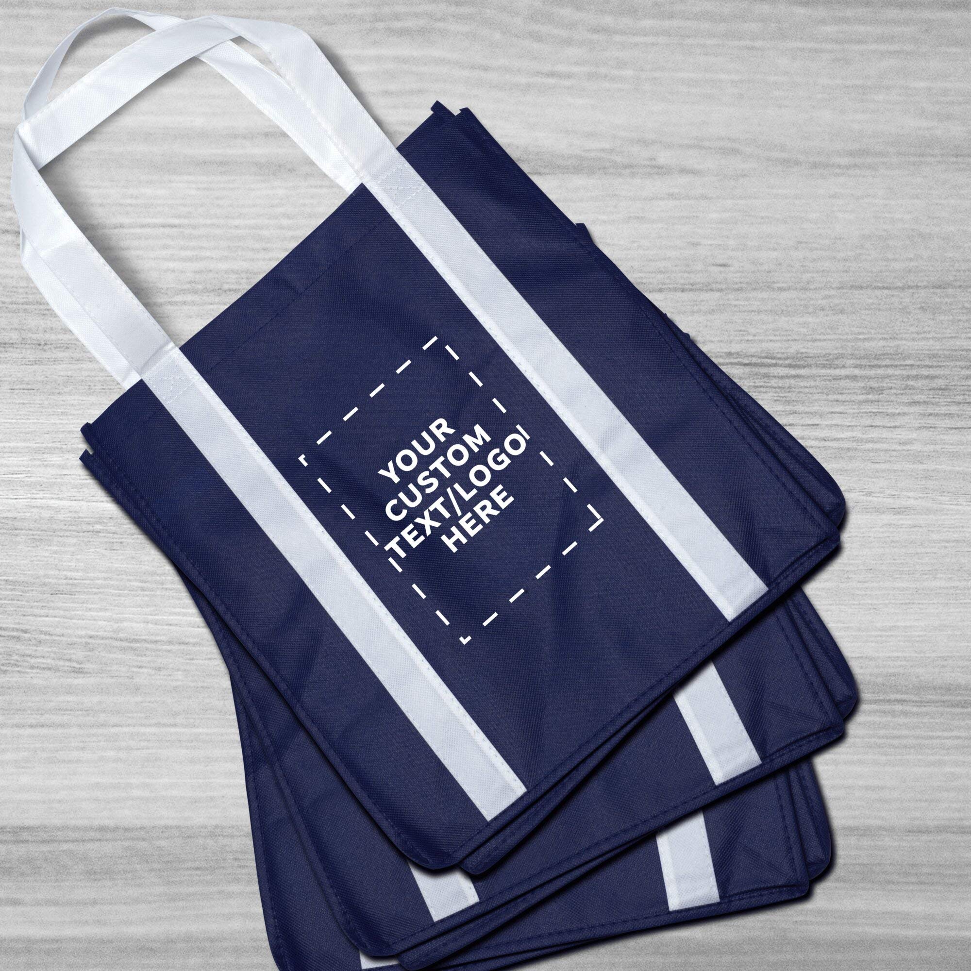 Custom Non-Woven Reusable Shopping Tote Bags - Bulk Pack of 100 Personalized Grocery Bags - Eco-Friendly Navy & White Totes for Shopping, Beach, Picnics, Wedding Favors & Retail Promotions