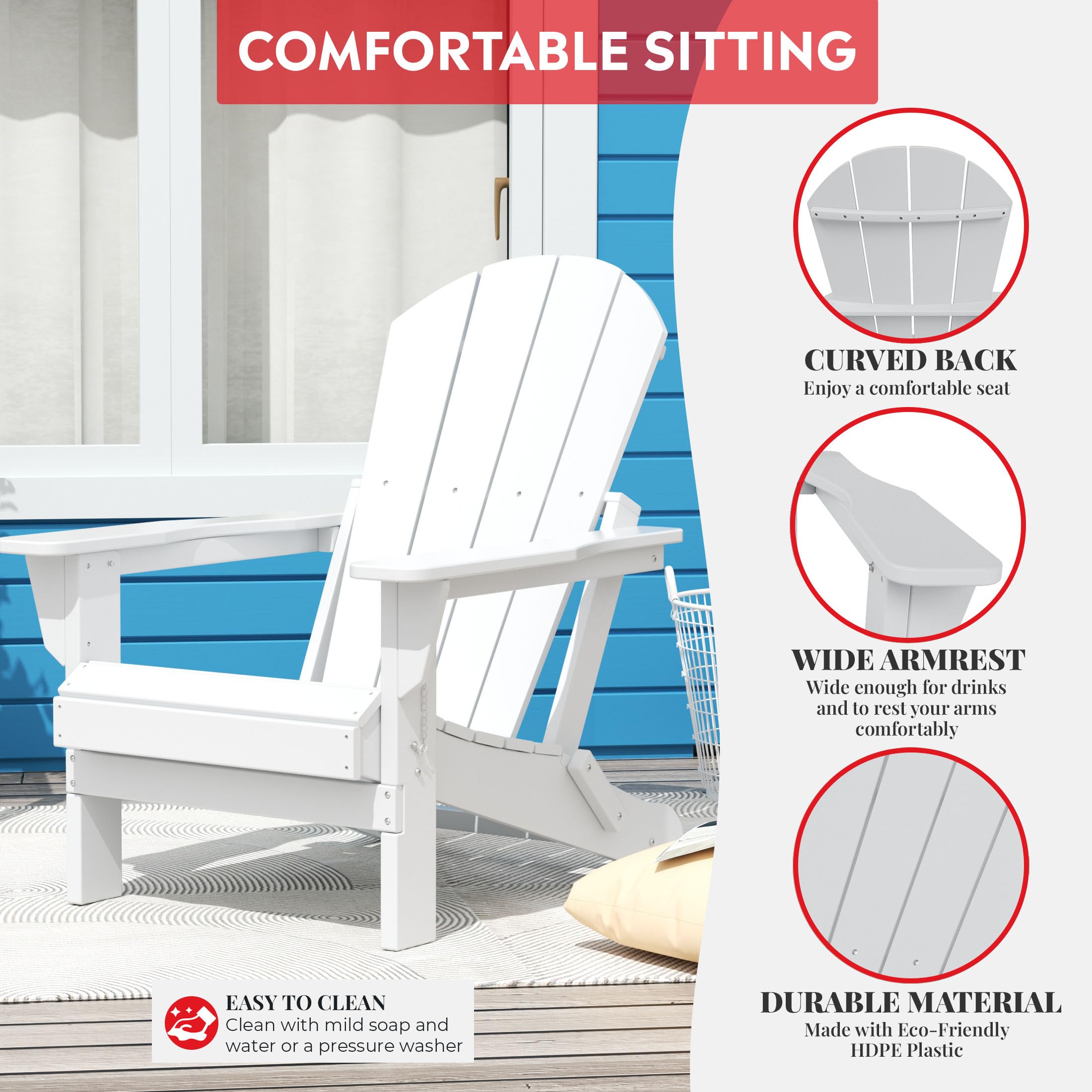 Premium Outdoor Folding Chair - All-Weather Patio Seating for Backyard, Garden, Pool & Firepit - White Adirondack Style Lawn Chair for Camping, Beach & Parties (Portable & Durable)